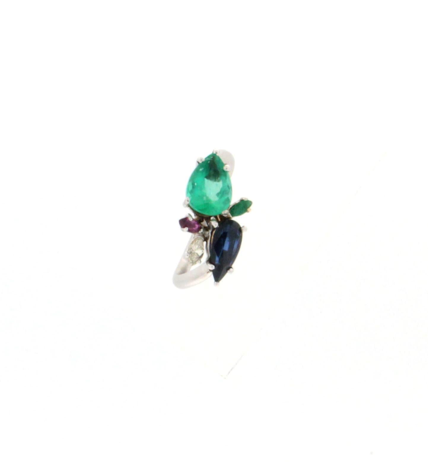 Emerald Cut Handcraft Diamonds Platinum Emerald Sapphire Drops Cocktail Ring For Sale