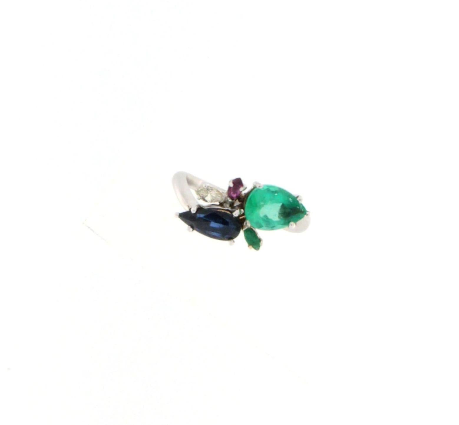 Emerald Cut Handcraft Diamonds Platinum Emerald Sapphire Drops Cocktail Ring For Sale