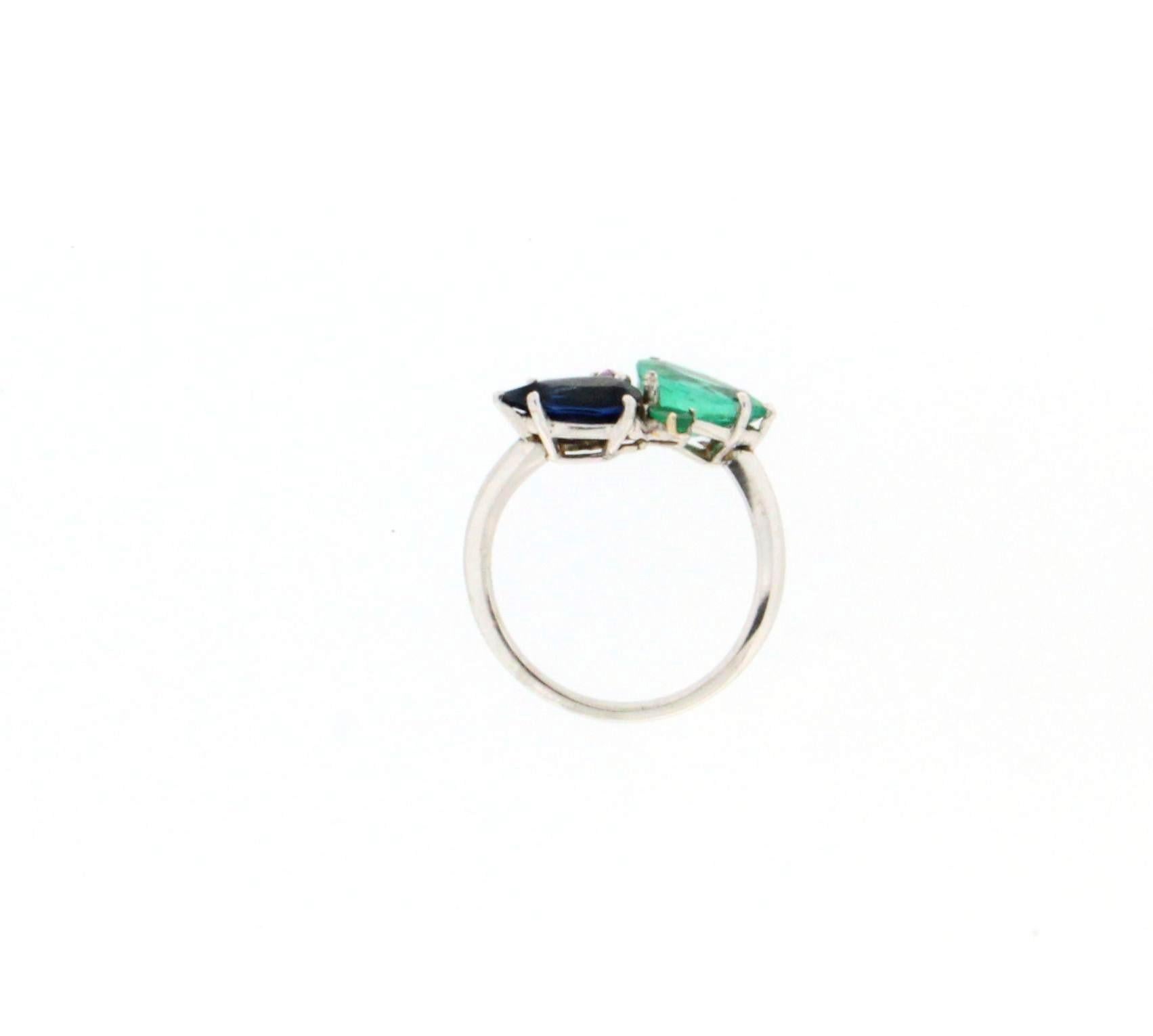 Women's or Men's Handcraft Diamonds Platinum Emerald Sapphire Drops Cocktail Ring For Sale