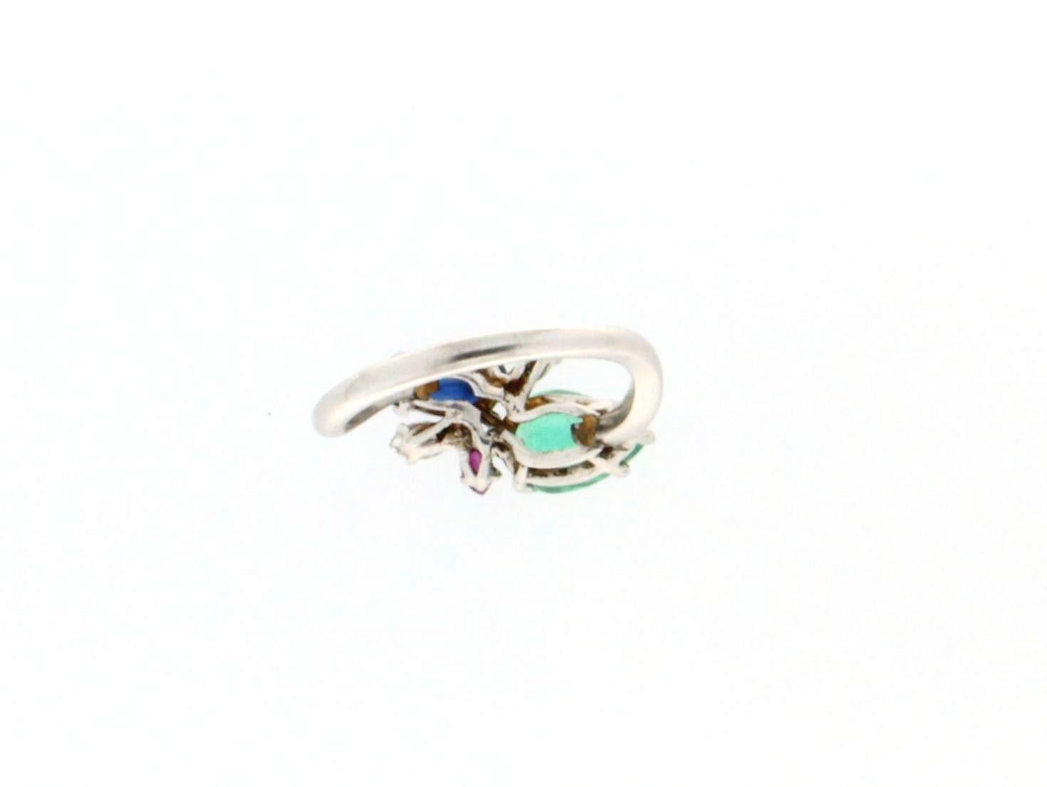 Handcraft Diamonds Platinum Emerald Sapphire Drops Cocktail Ring For Sale 1