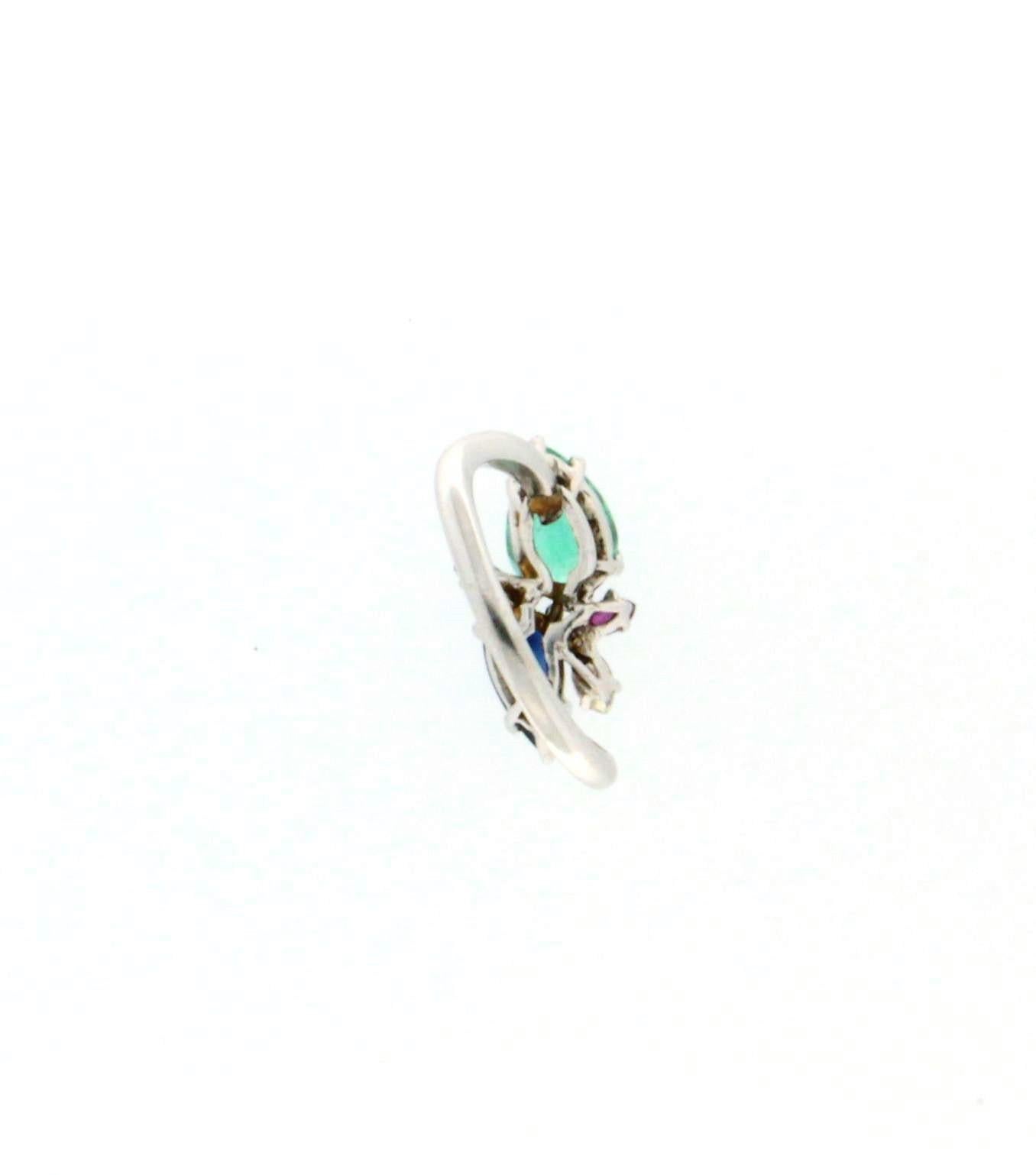 Handcraft Diamonds Platinum Emerald Sapphire Drops Cocktail Ring For Sale 2