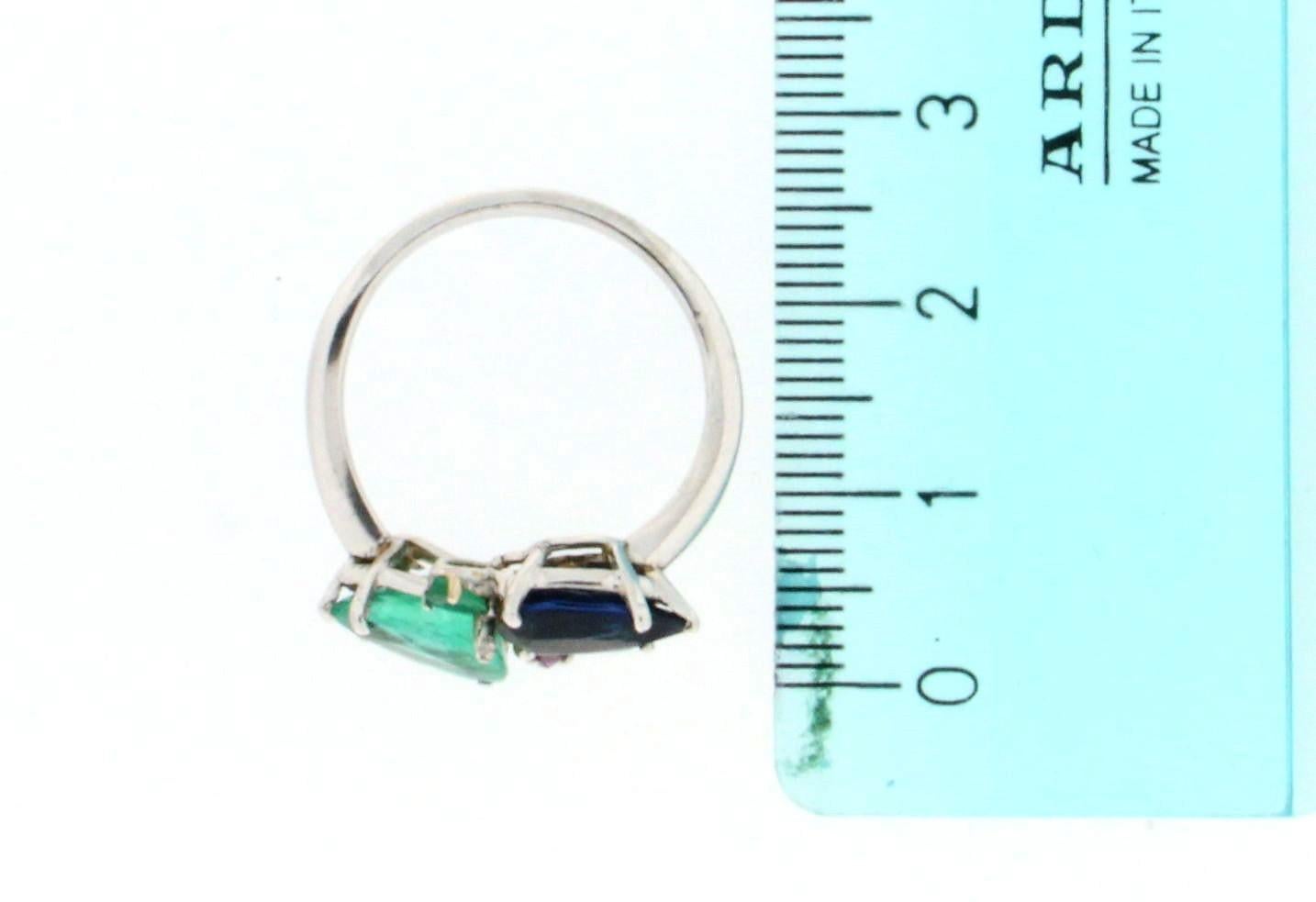 Handcraft Diamonds Platinum Emerald Sapphire Drops Cocktail Ring For Sale 3