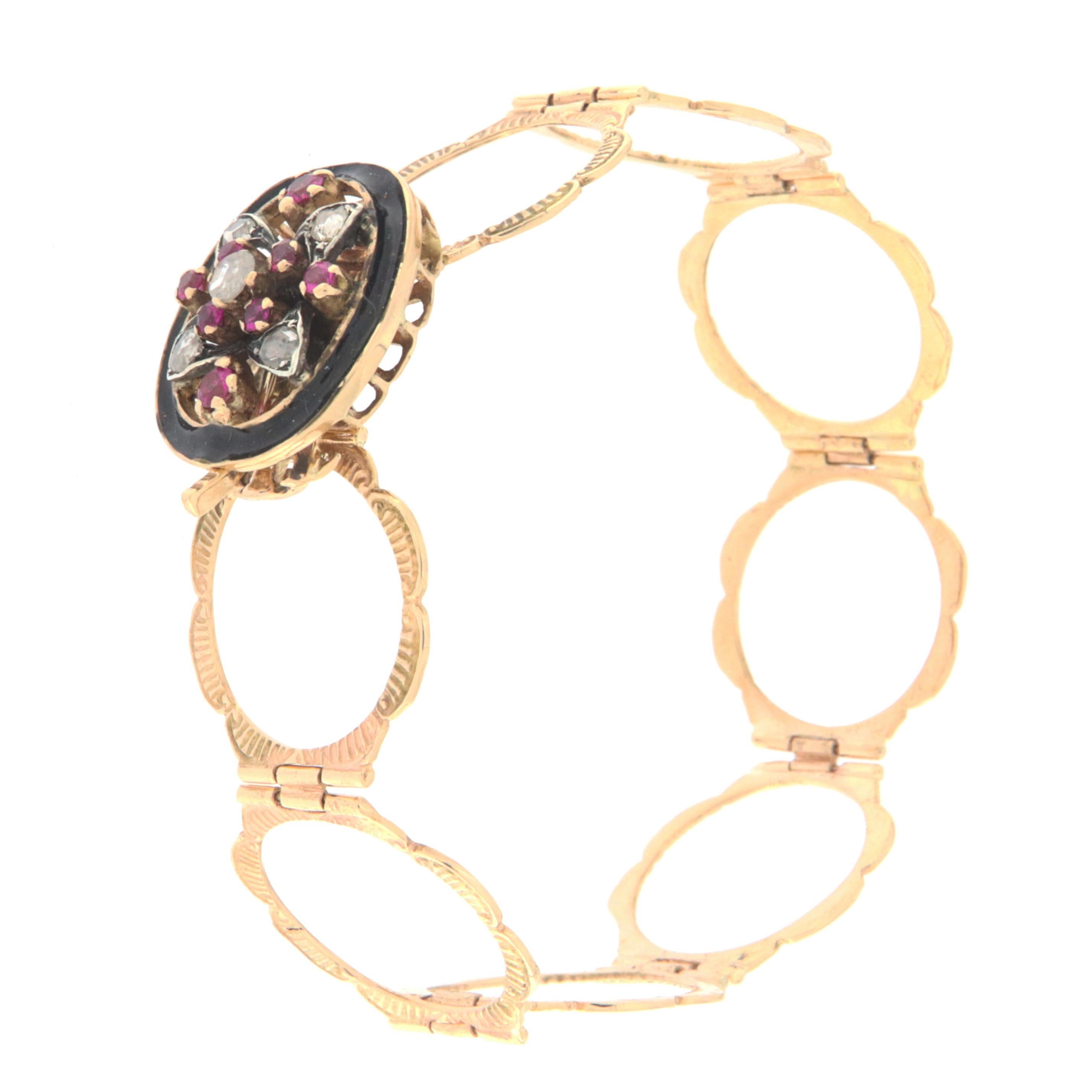 Artisan Handcraft Diamonds Rubies 14 Karat Yellow Gold Convertible Ring Bracelet For Sale