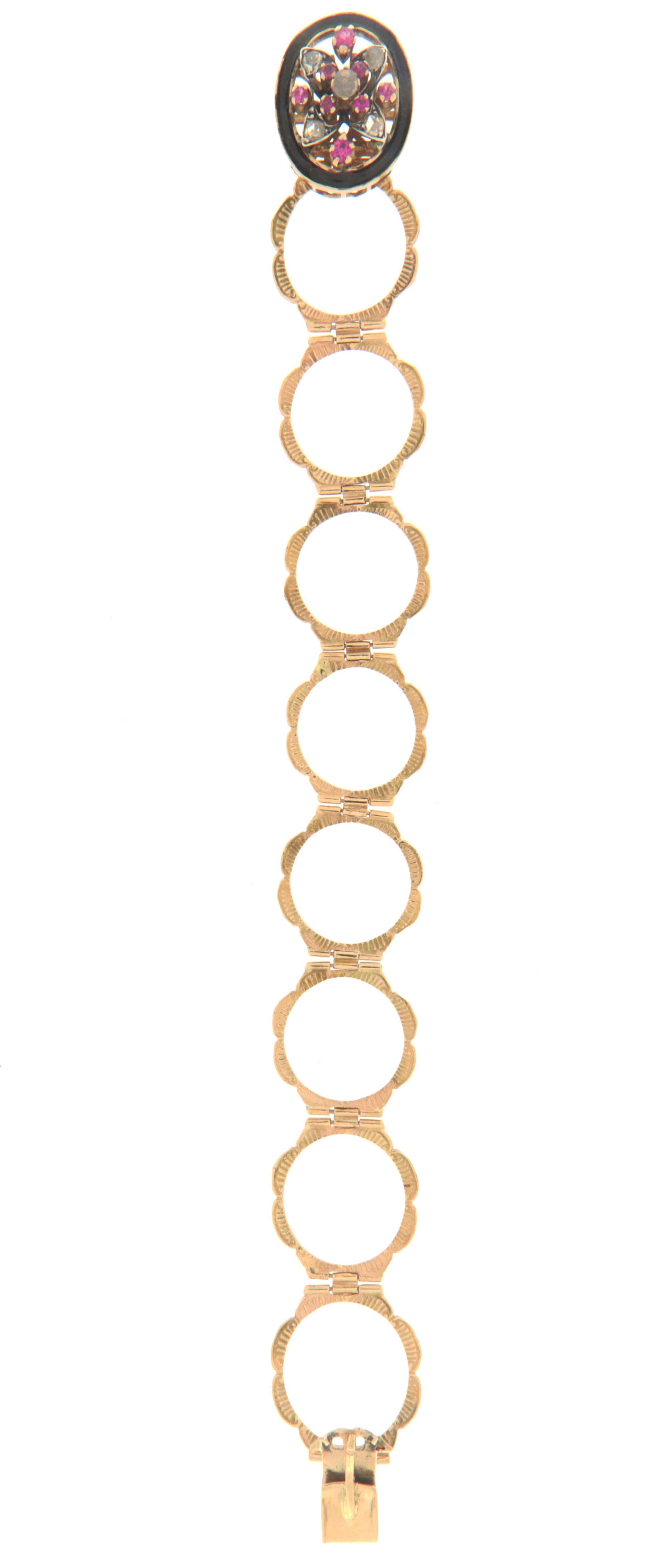 Rose Cut Handcraft Diamonds Rubies 14 Karat Yellow Gold Convertible Ring Bracelet For Sale