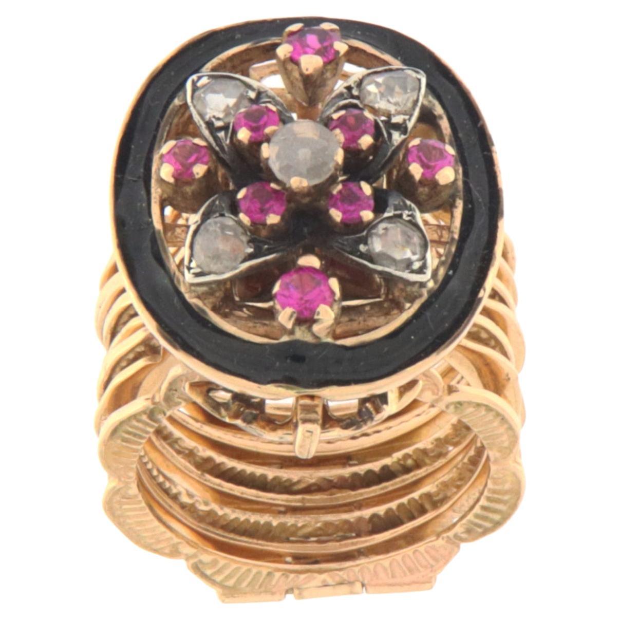 Handcraft Diamonds Rubies 14 Karat Yellow Gold Convertible Ring Bracelet For Sale