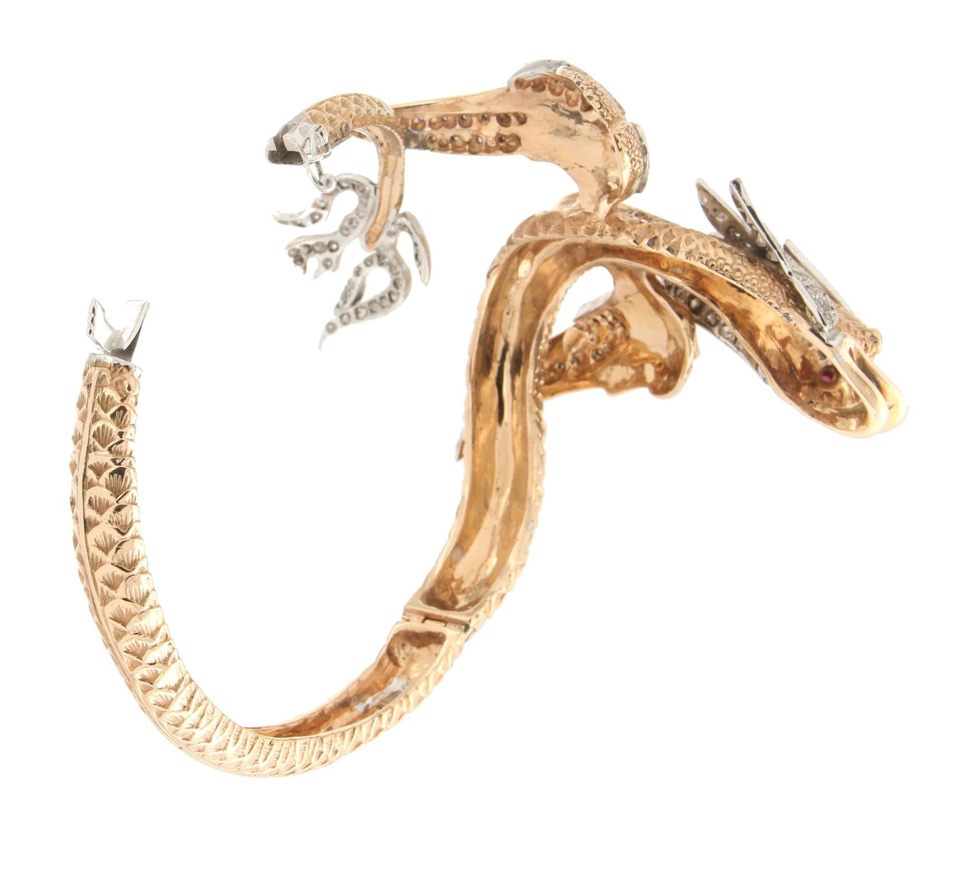 Artisan Handcraft Dragon 14 Karat Yellow and White Gold Diamonds Bangle Bracelet