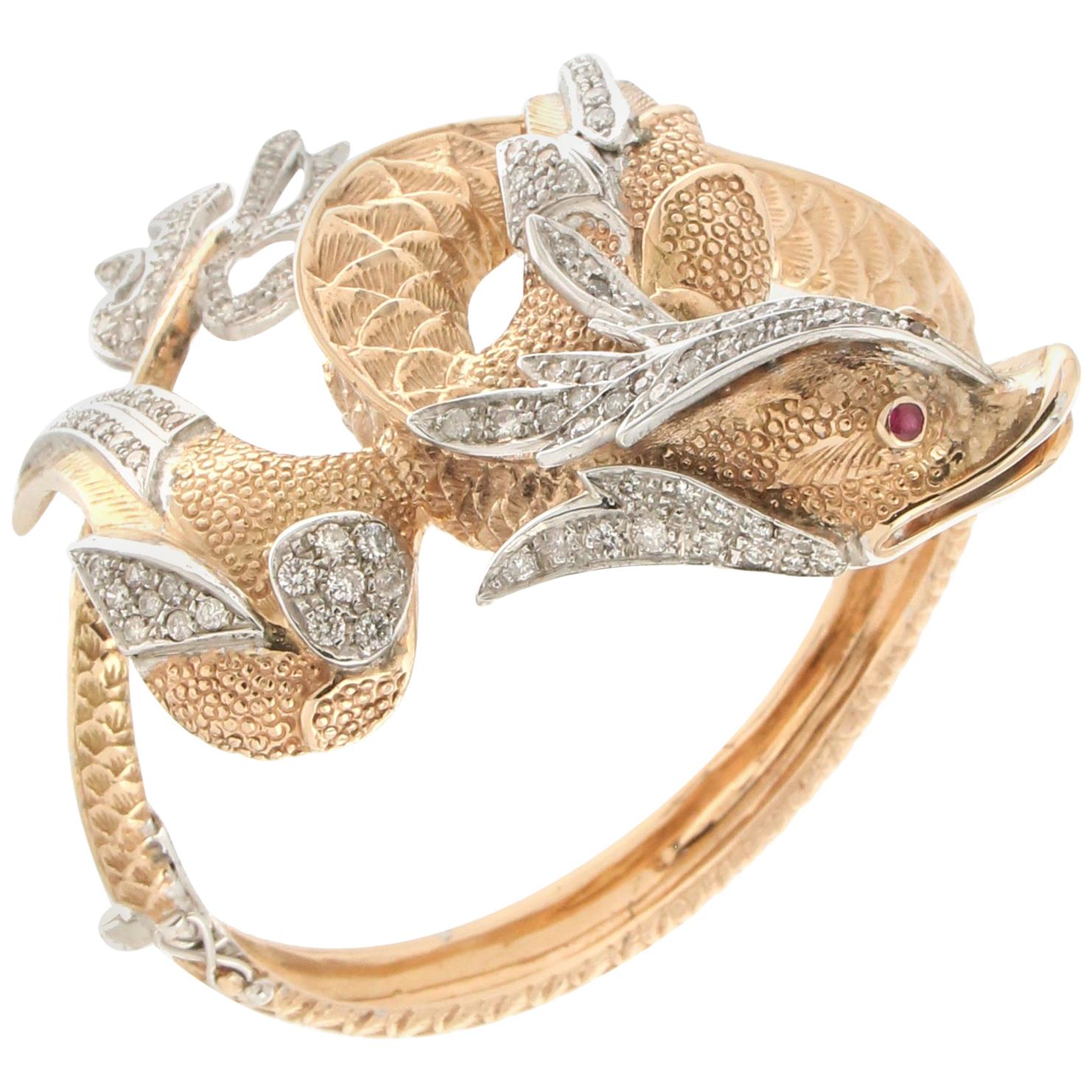 Handcraft Dragon 14 Karat Yellow and White Gold Diamonds Bangle Bracelet