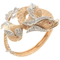 Handcraft Dragon 14 Karat Gelb- und Weißgold Diamanten Armreif Armband