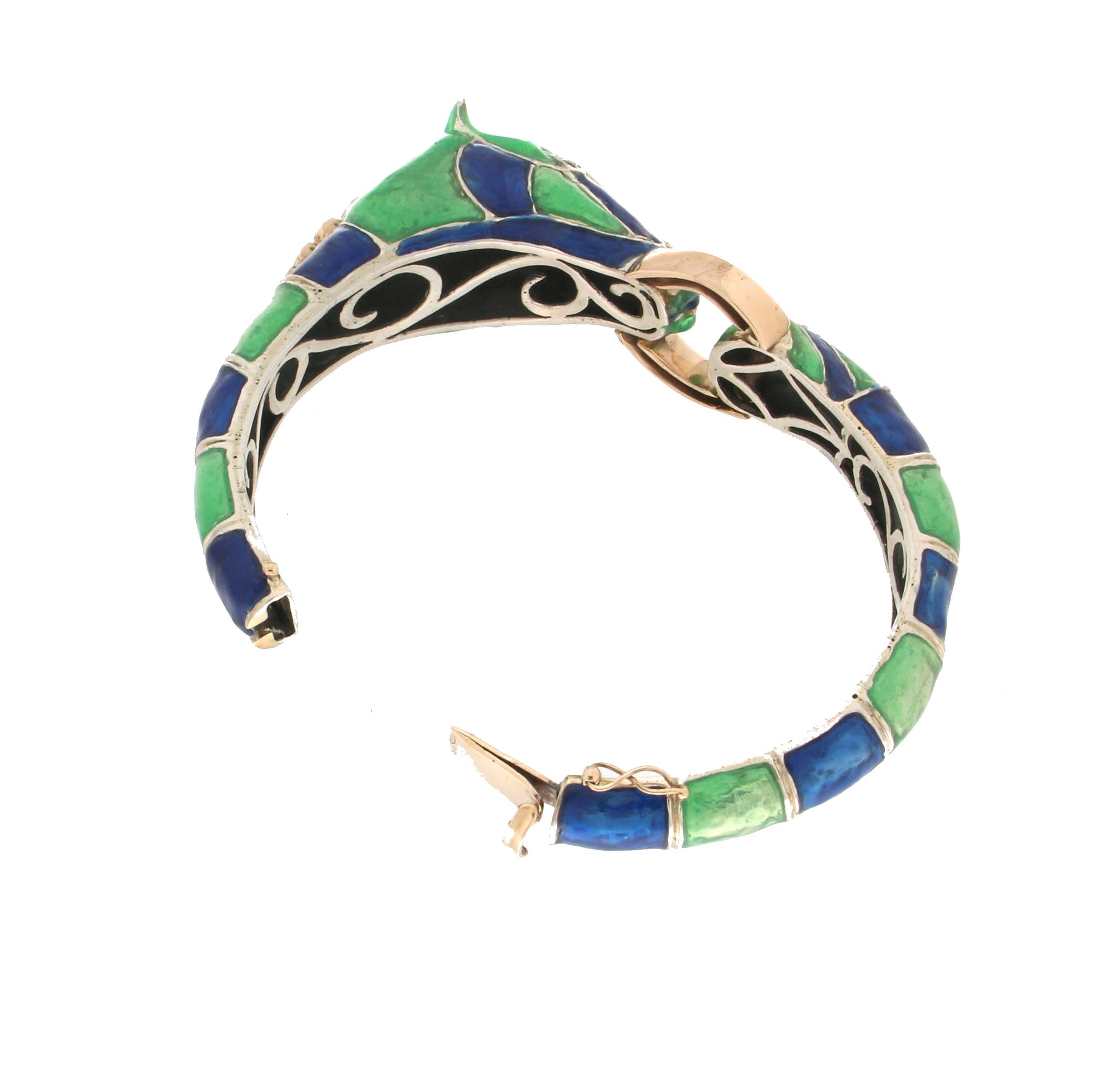 Handcraft Horse 9 Karat Yellow Gold Diamonds Emeralds Clamper Bracelet For Sale 7