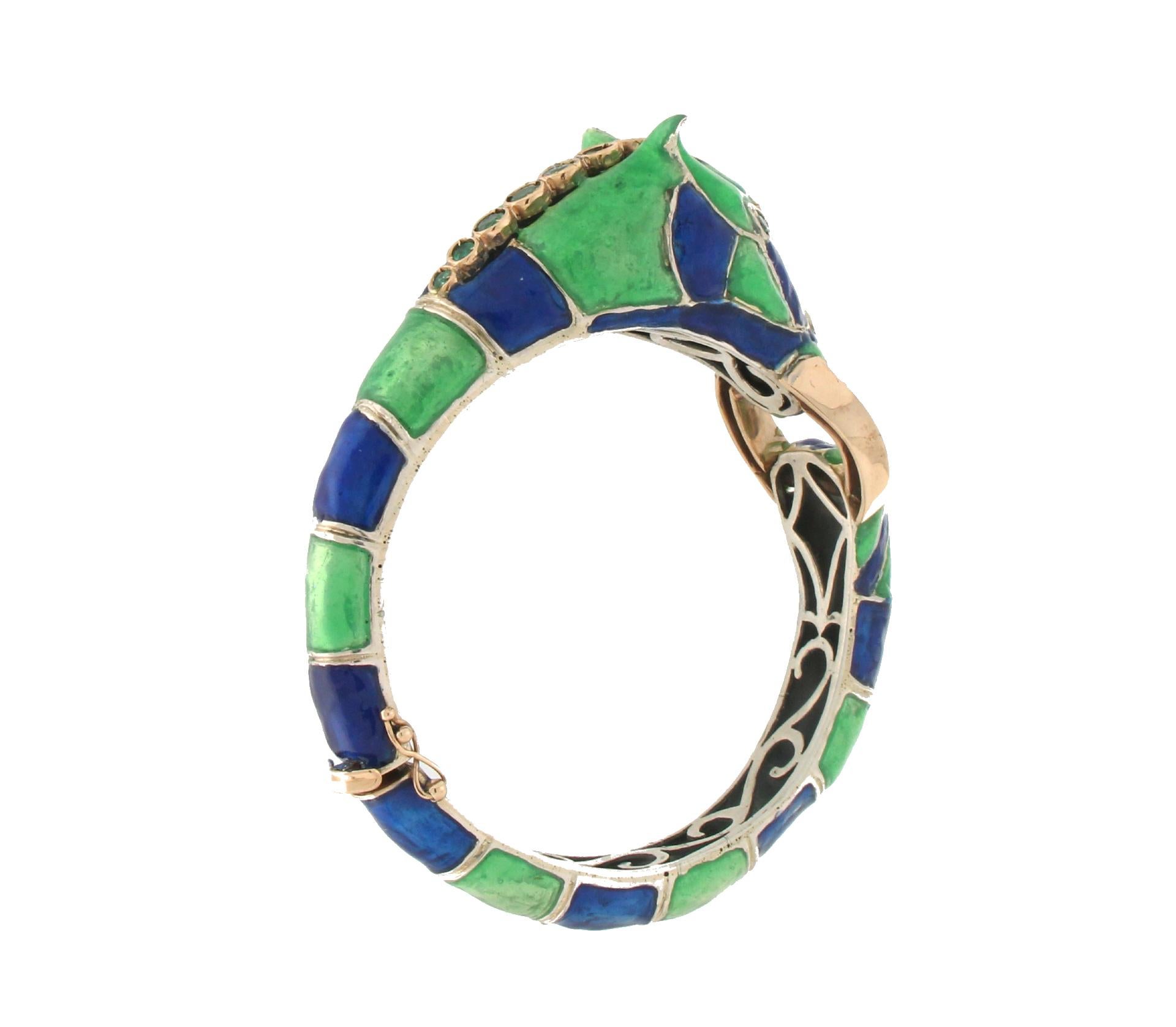 Women's or Men's Handcraft Horse 9 Karat Yellow Gold Diamonds Emeralds Clamper Bracelet For Sale