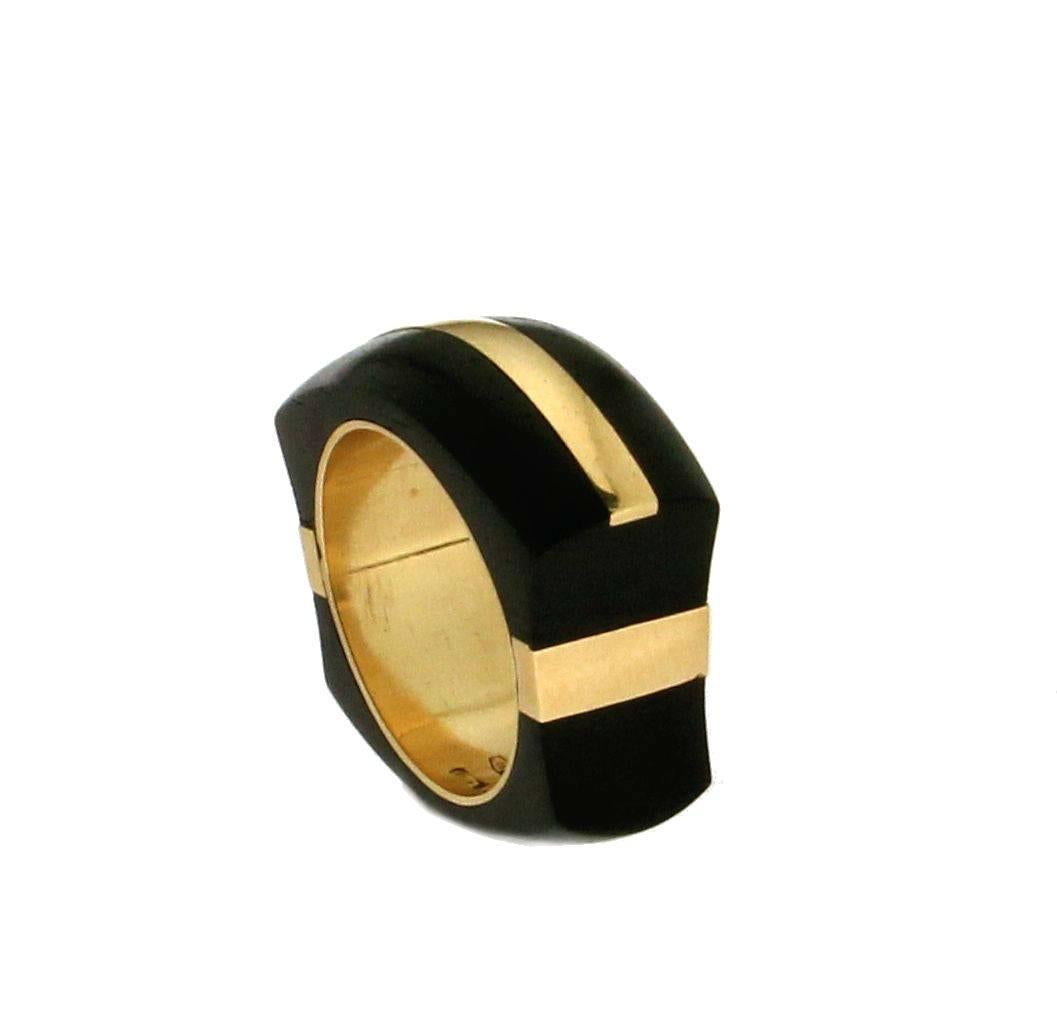 Women's or Men's Handcraft Ebony 18 Karat Yellow Gold Band Ring