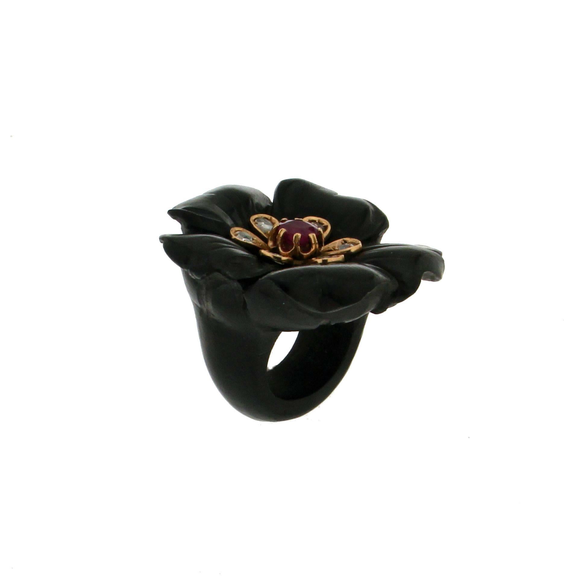 Artisan Handcraft Ebony 18 Karat Yellow Gold Ruby Diamonds Cocktail Ring For Sale