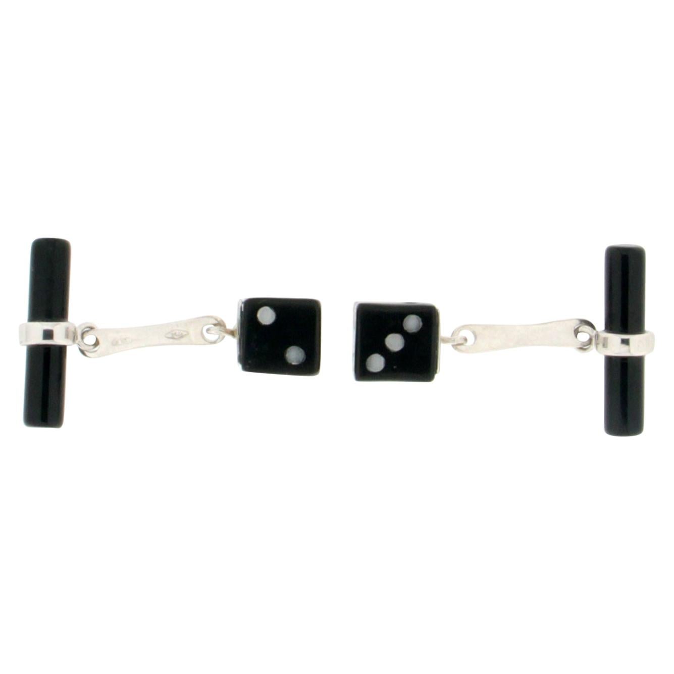 Handcraft Ebony Dice 18 Karat White Gold Onyx Barrels Cufflinks