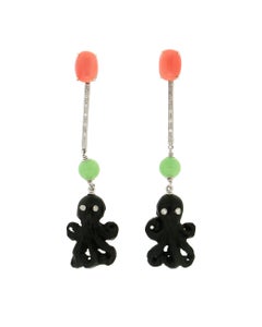 Handcraft Ebony Octopus 18 Karat White Gold Coral Diamonds Drop Earrings