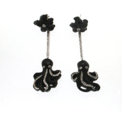 Handcraft Ebony Octopus 18 Karat White Gold Diamonds Drop Earrings