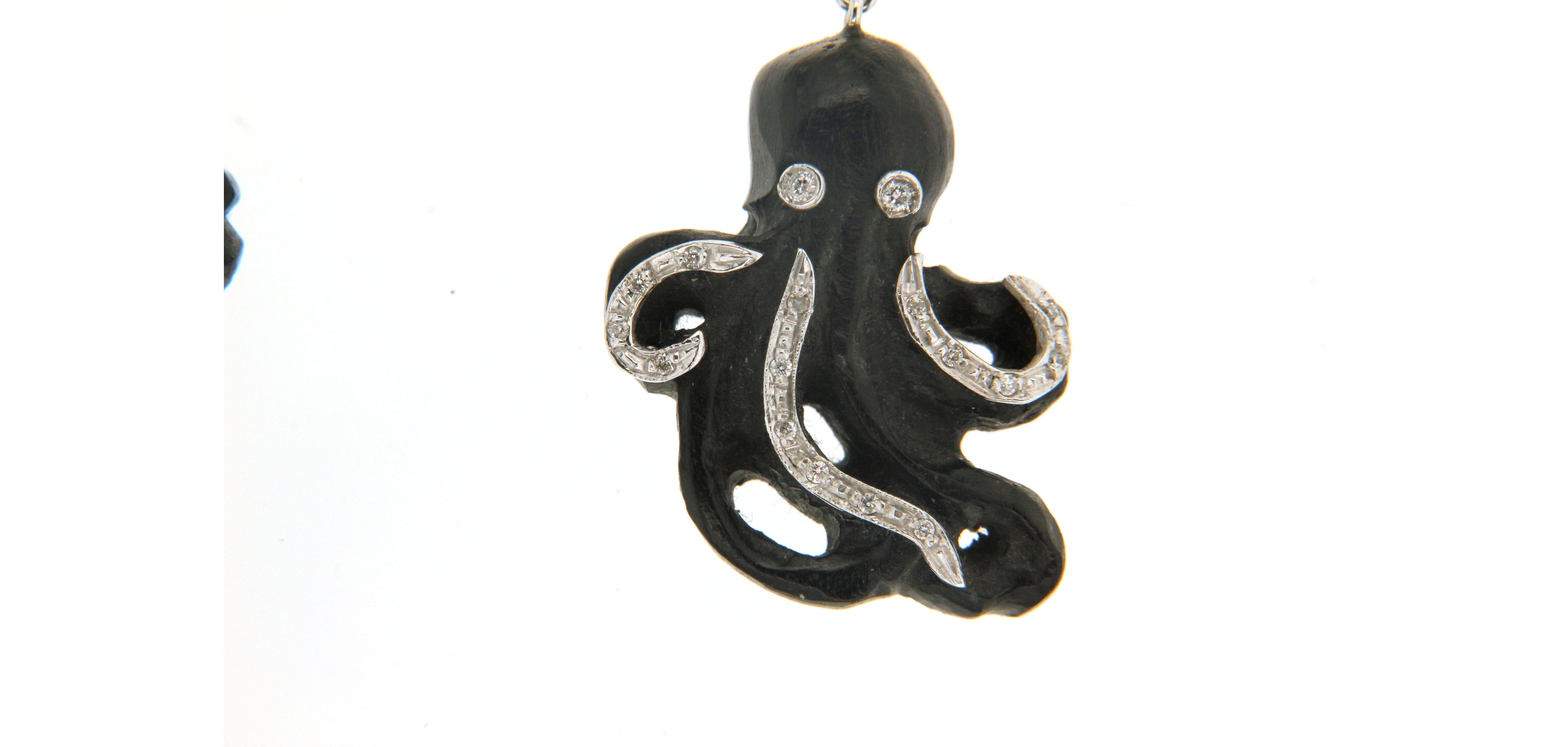 Artisan Handcraft Ebony Octopus 18 Karat White Gold Diamonds Drop Earrings For Sale