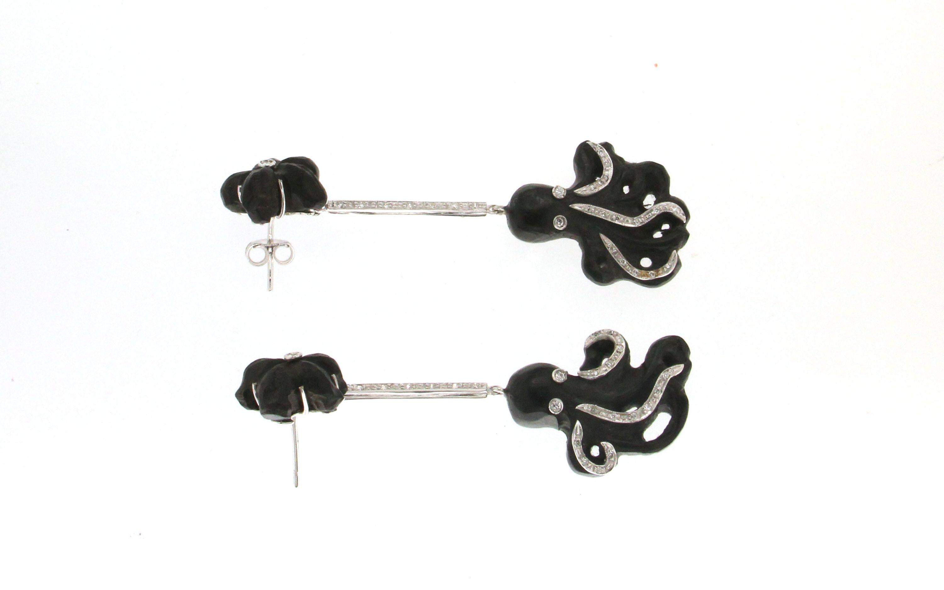 Women's Handcraft Ebony Octopus 18 Karat White Gold Diamonds Drop Earrings For Sale