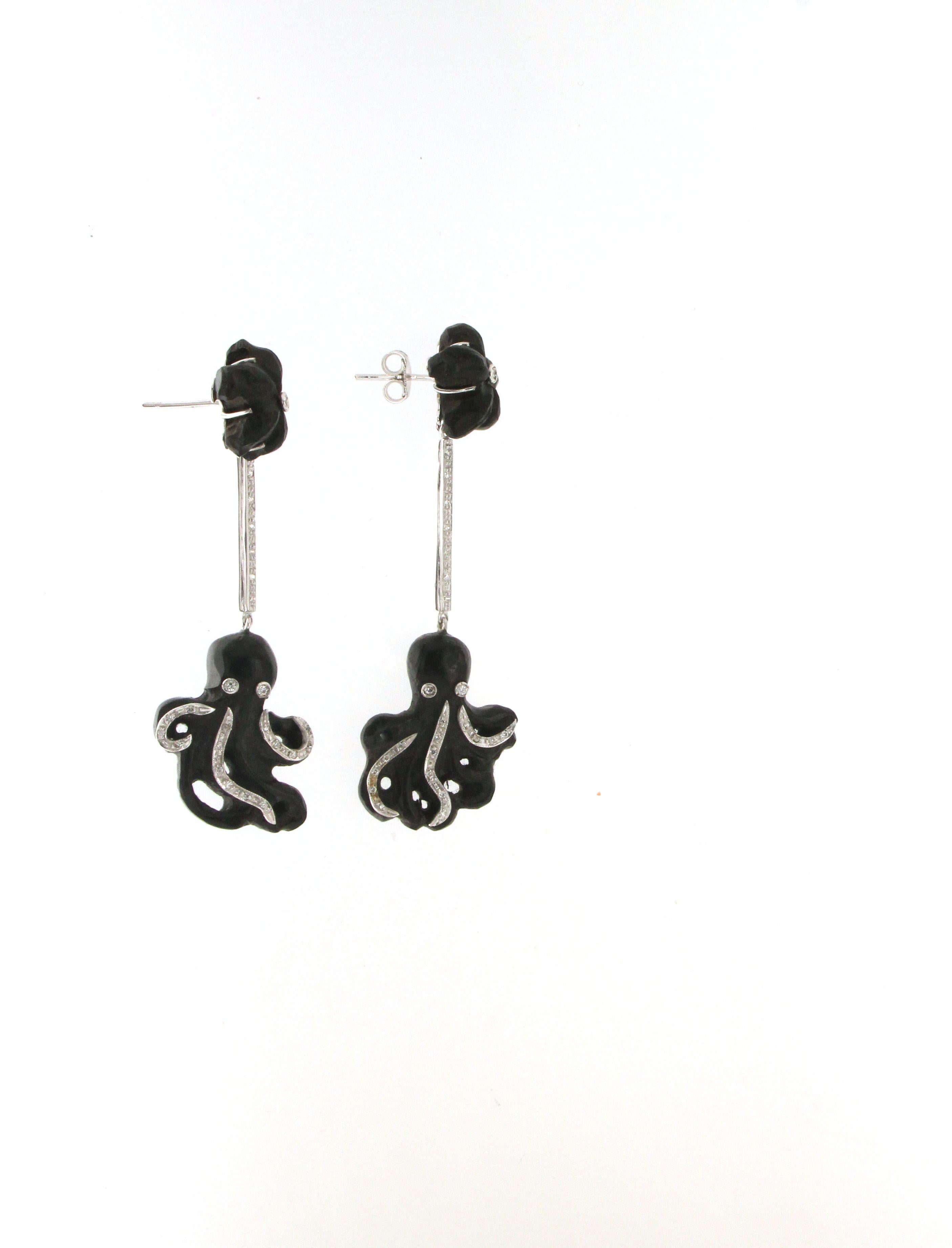 Handcraft Ebony Octopus 18 Karat White Gold Diamonds Drop Earrings For Sale 1