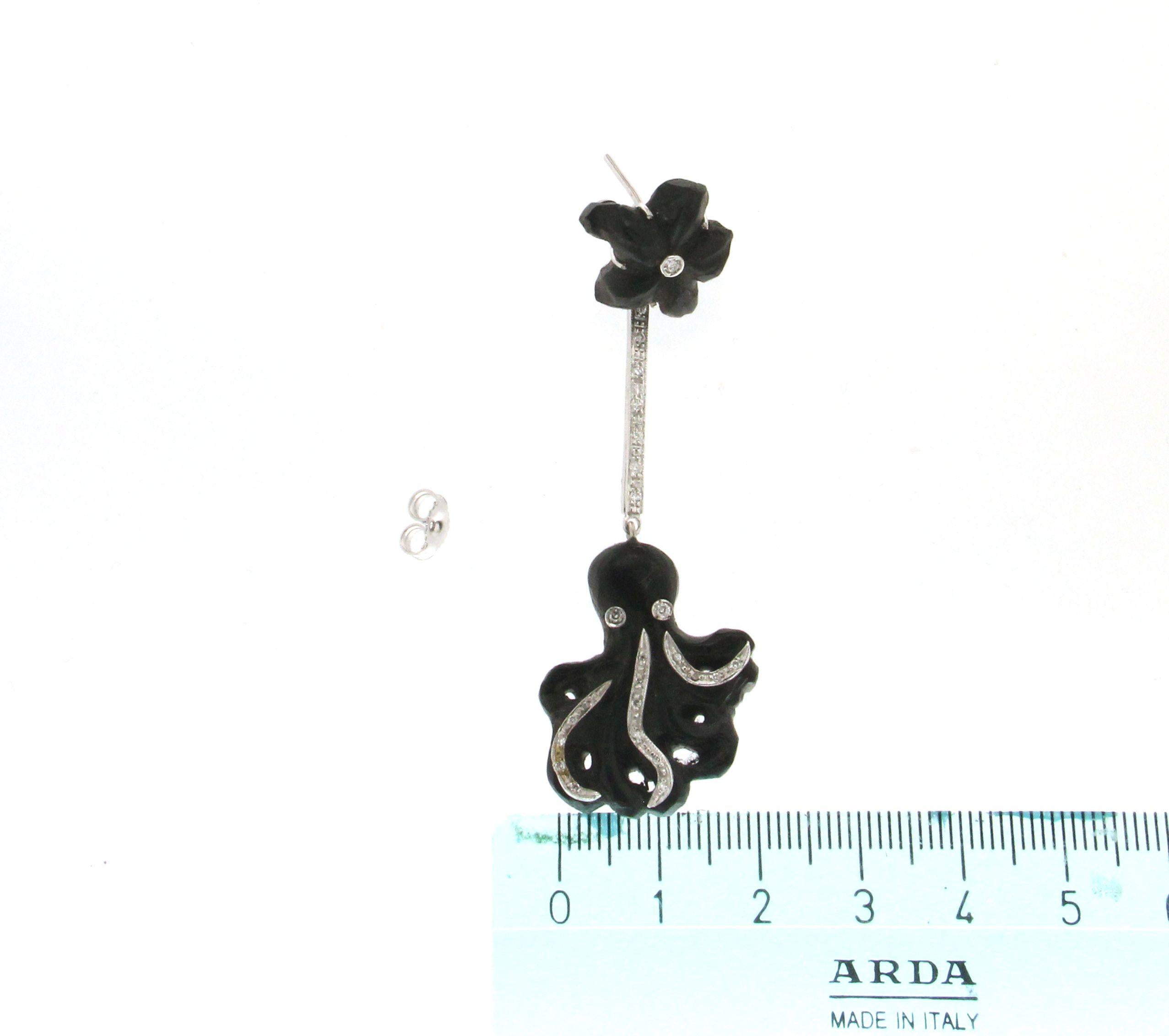 Handcraft Ebony Octopus 18 Karat White Gold Diamonds Drop Earrings For Sale 2