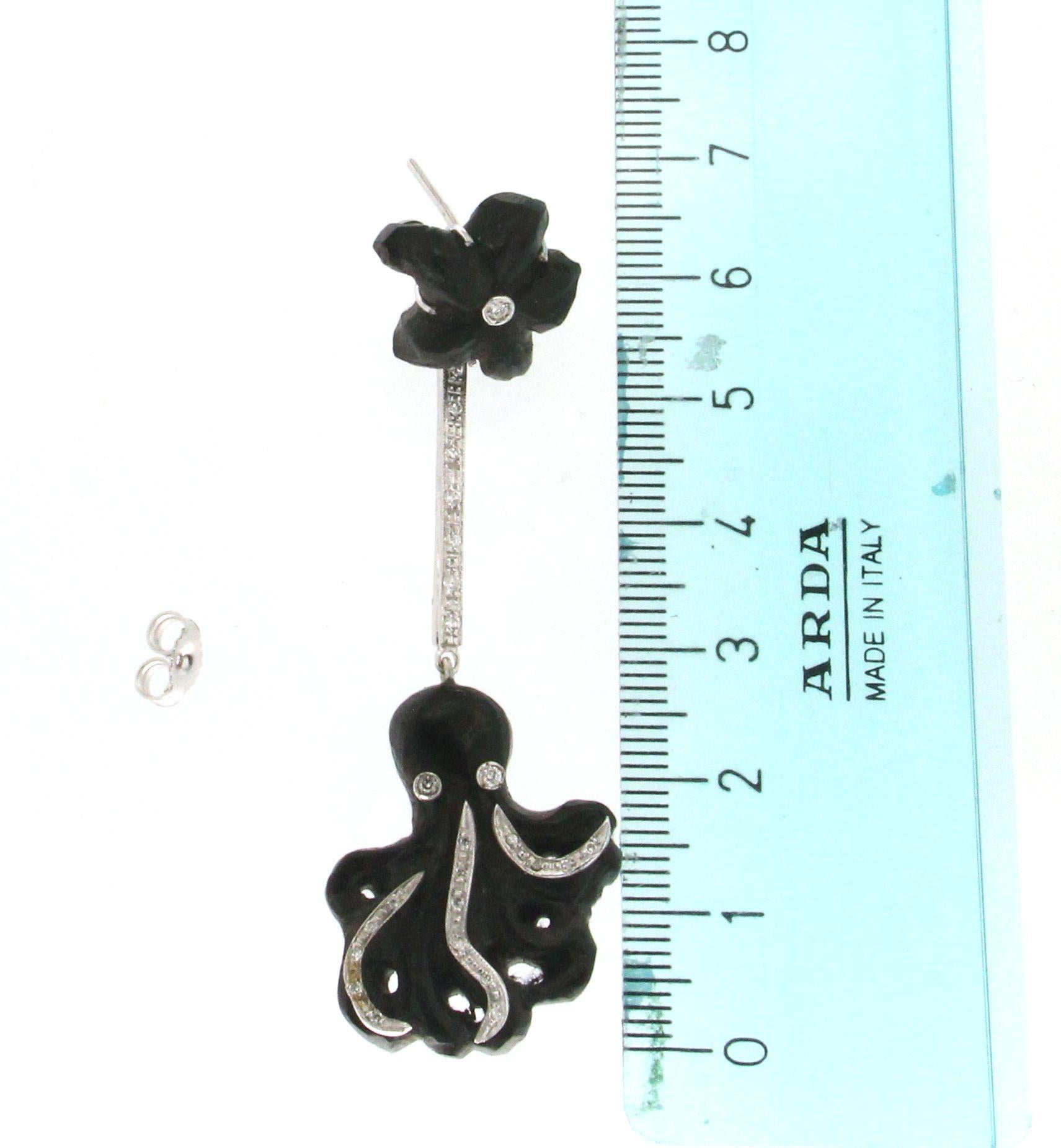 Handcraft Ebony Octopus 18 Karat White Gold Diamonds Drop Earrings For Sale 3