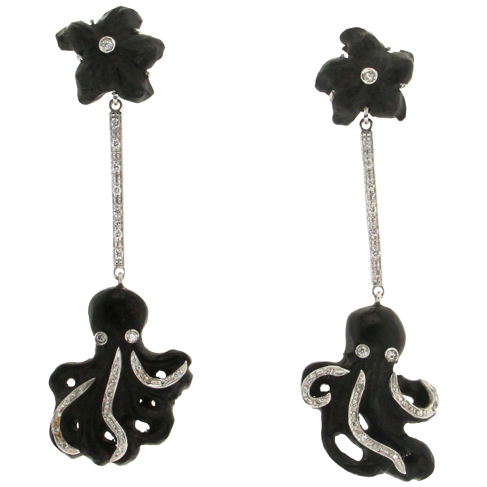 Handcraft Ebony Octopus 18 Karat White Gold Diamonds Drop Earrings For Sale