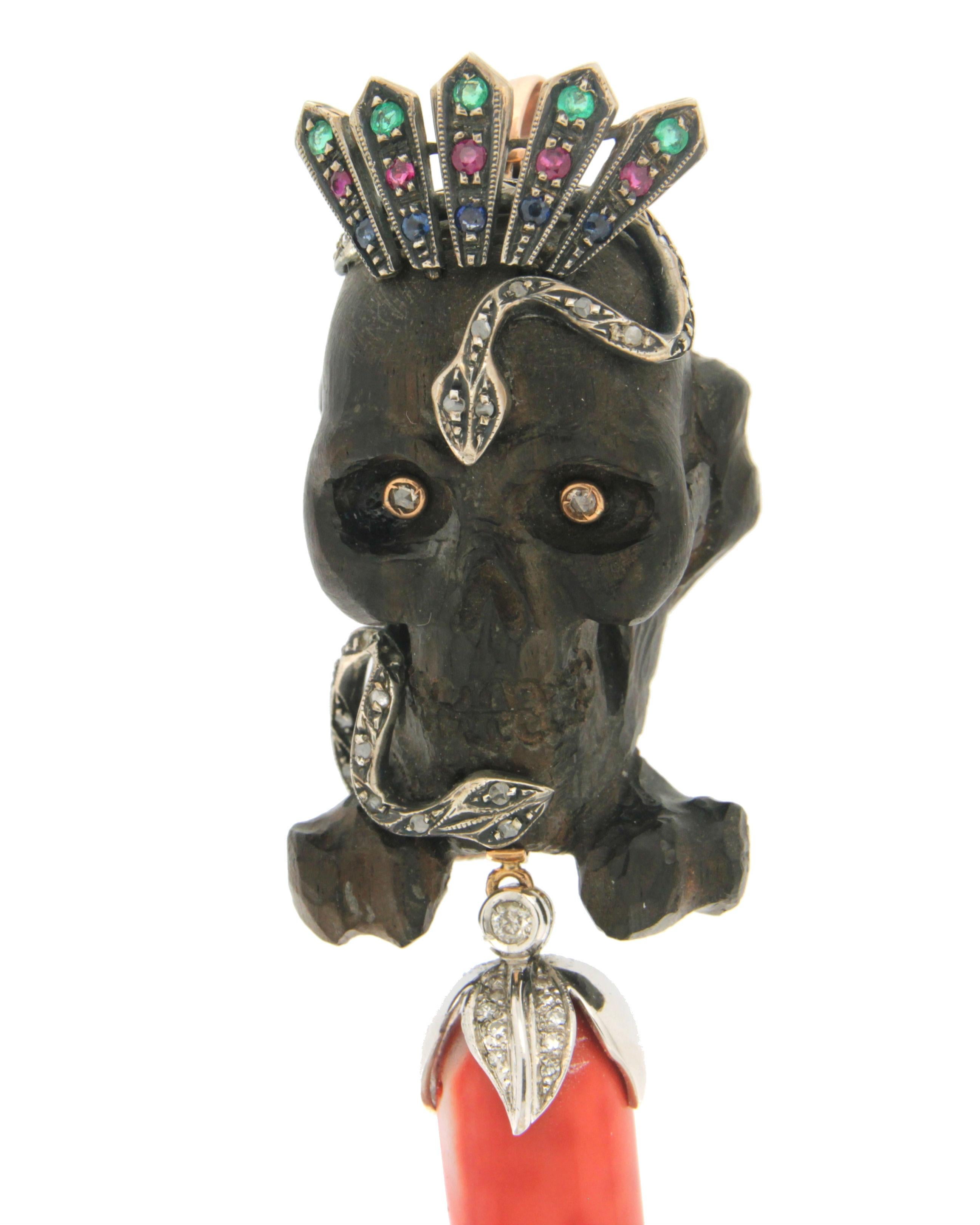 Artisan Handcraft Ebony Skull 14 Karat Yellow Gold Diamonds Sapphires Pendant Necklace For Sale