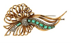 Handcraft Emerald 14 Karat Yellow and White Gold Diamonds Brooch