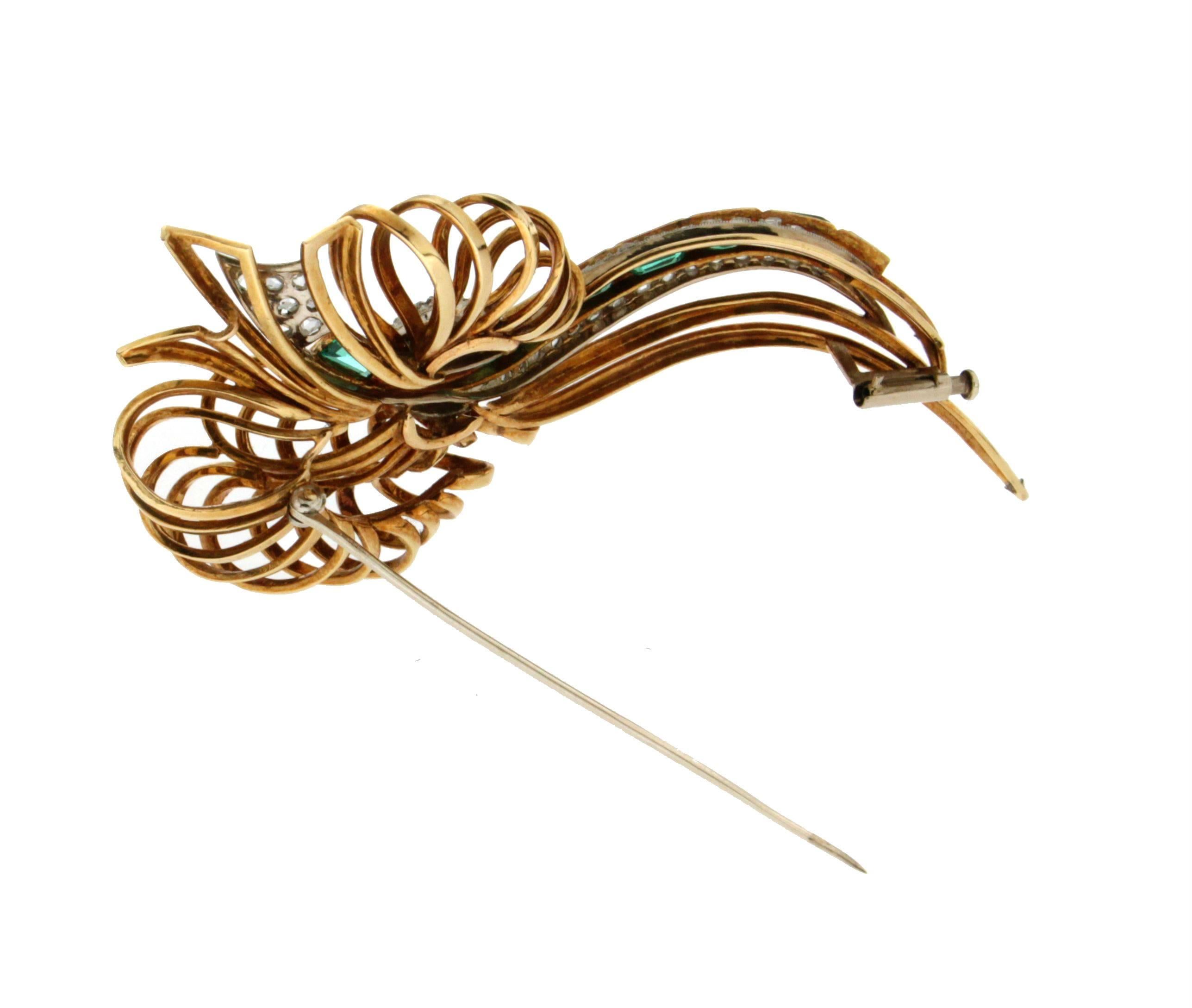 Women's or Men's Handcraft Emerald 14 Karat Yellow and White Gold Diamonds Brooch