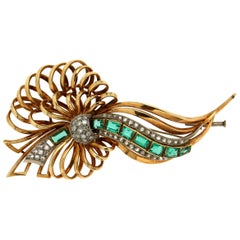 Handcraft Emerald 14 Karat Yellow and White Gold Diamonds Brooch