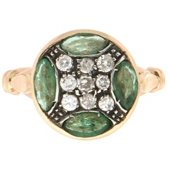 Handcraft Emerald 14 Karat Yellow Gold and Silver Diamonds Cocktail Ring