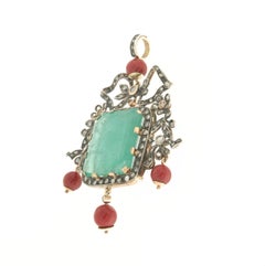 Handcraft Emerald 14 Karat Yellow Gold Diamonds Coral Pendant
