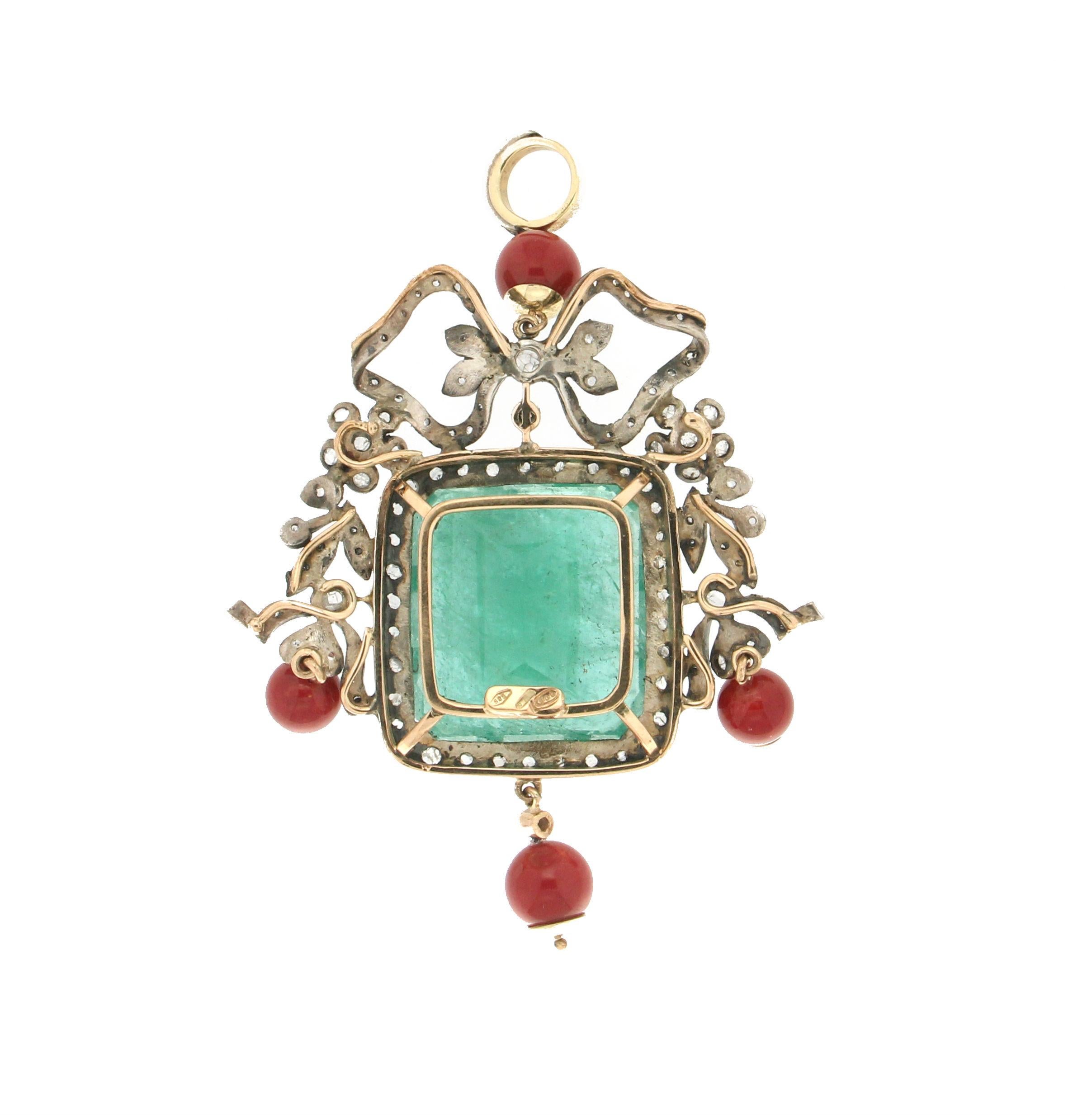 Emerald Cut Handcraft Emerald 14 Karat Yellow Gold Diamonds Coral Pendant Necklace For Sale