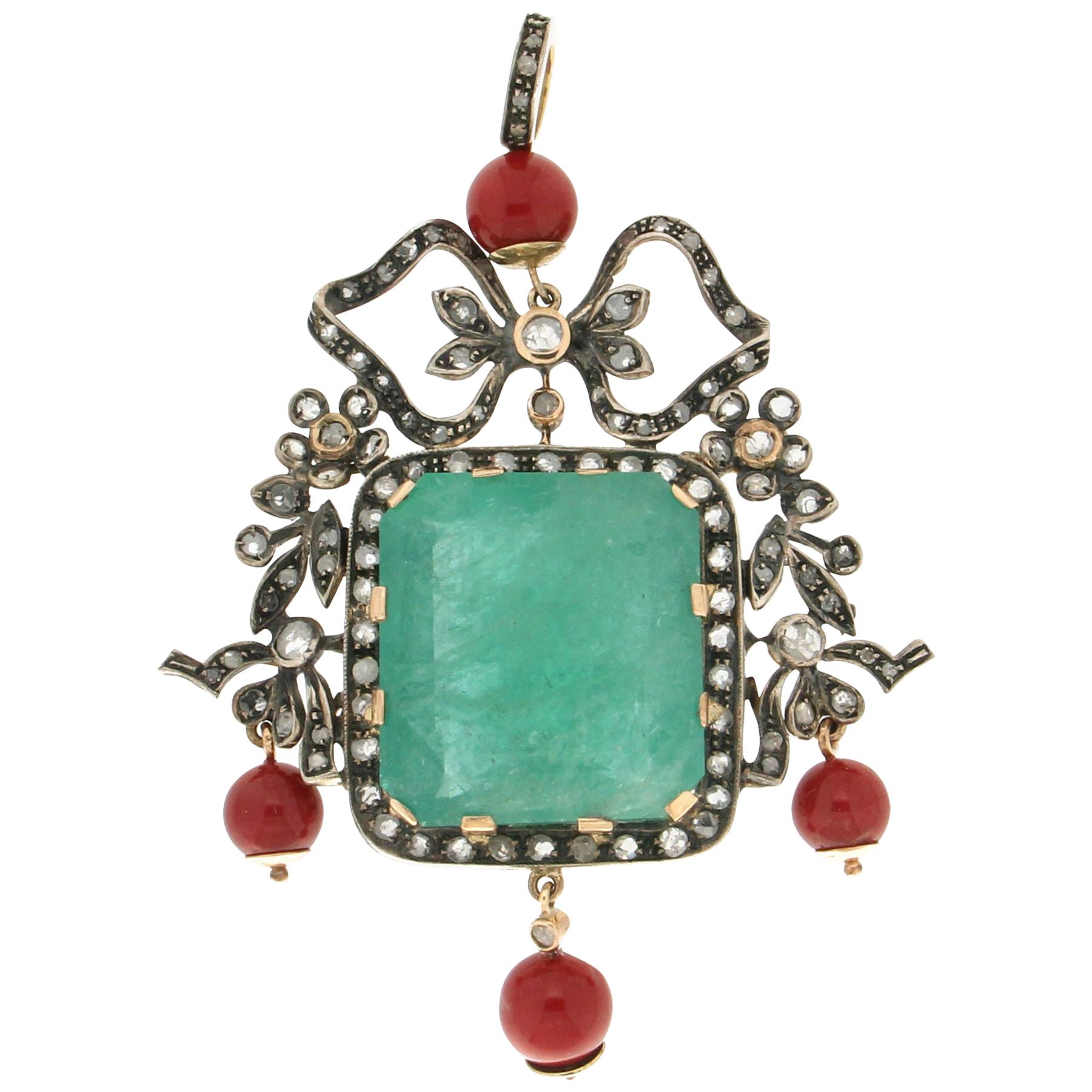 Handcraft Emerald 14 Karat Yellow Gold Diamonds Coral Pendant Necklace
