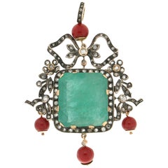 Handgefertigte Halskette mit Smaragd 14 Karat Gelbgold und Diamanten-Anhänger