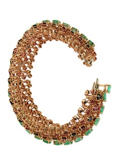 Handcraft Emerald 14 Karat Yellow Gold Diamonds Sapphires Ruby Cuff Bracelet