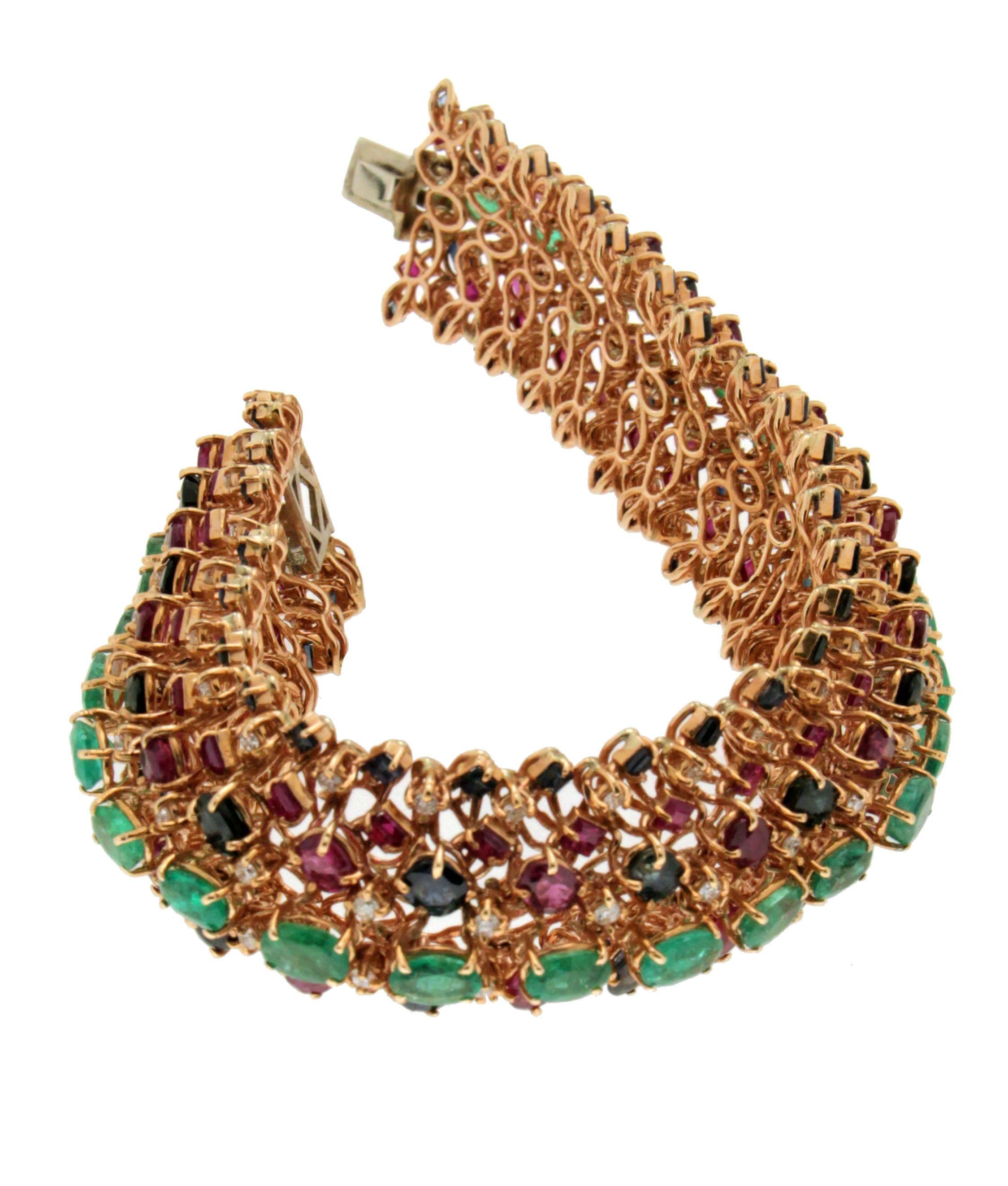 Artisan Handcraft Emerald 14 Karat Yellow Gold Diamonds Sapphires Ruby Cuff Bracelet For Sale