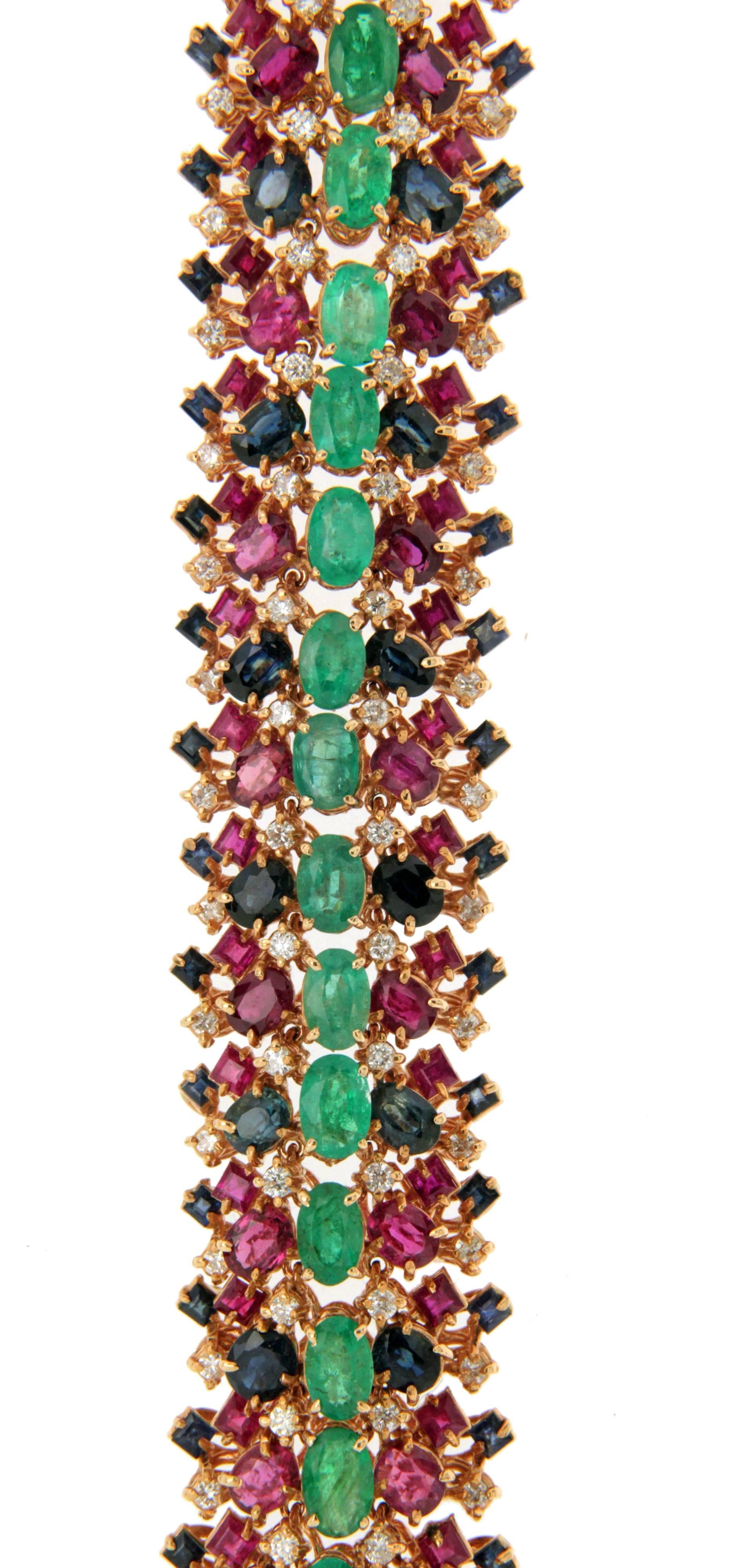 Mixed Cut Handcraft Emerald 14 Karat Yellow Gold Diamonds Sapphires Ruby Cuff Bracelet For Sale