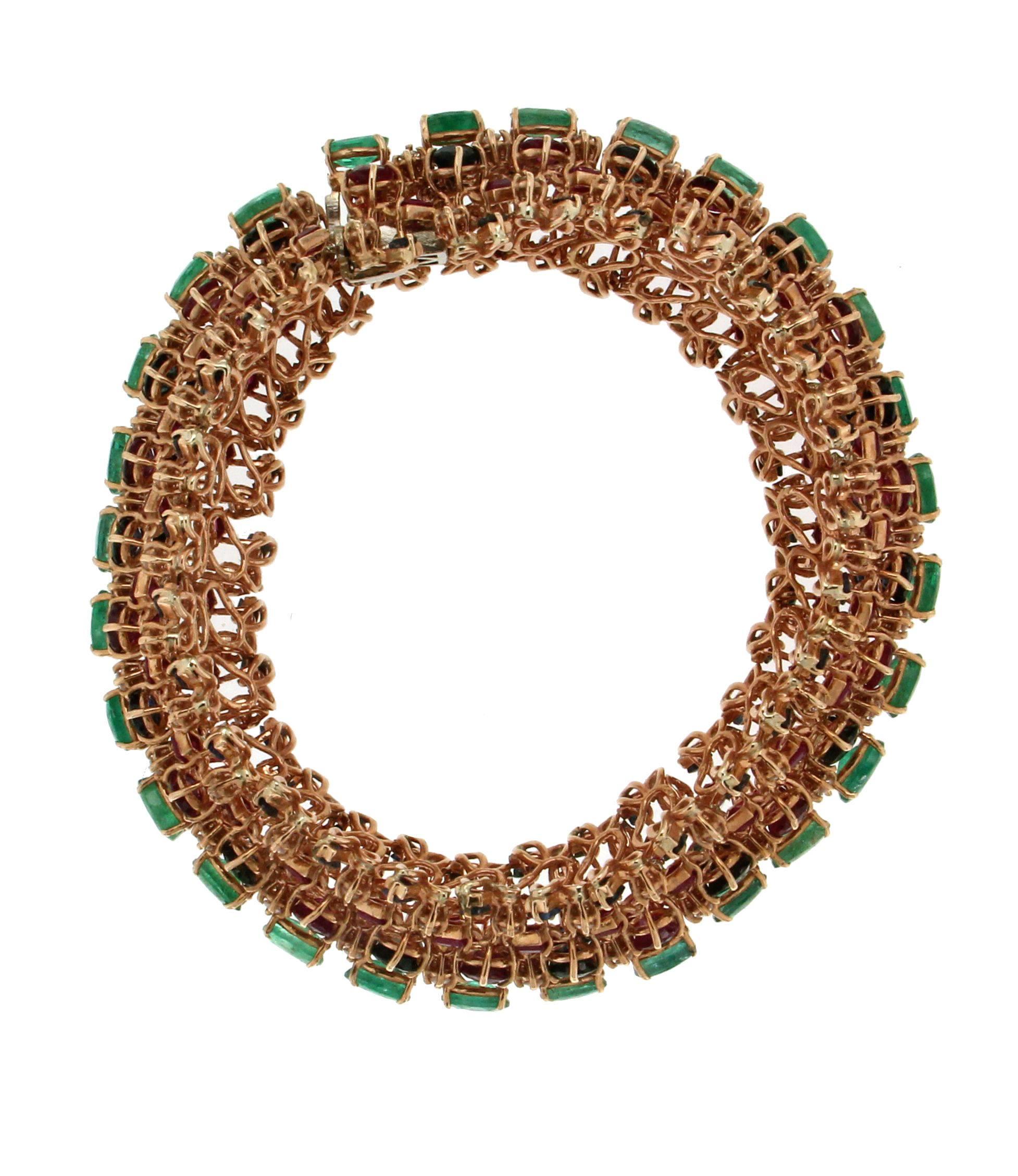 Women's or Men's Handcraft Emerald 14 Karat Yellow Gold Diamonds Sapphires Ruby Cuff Bracelet For Sale