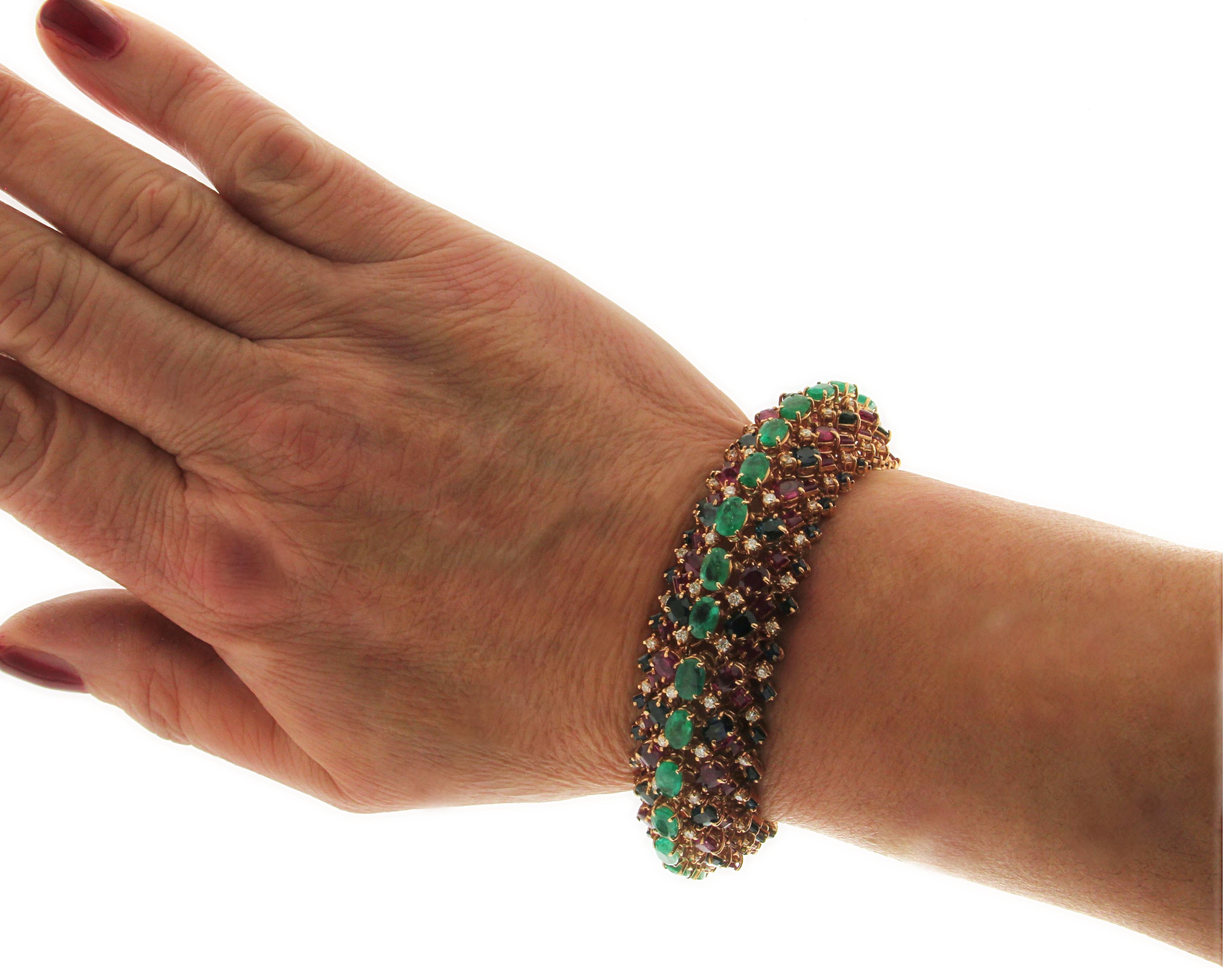 Handcraft Emerald 14 Karat Yellow Gold Diamonds Sapphires Ruby Cuff Bracelet For Sale 1
