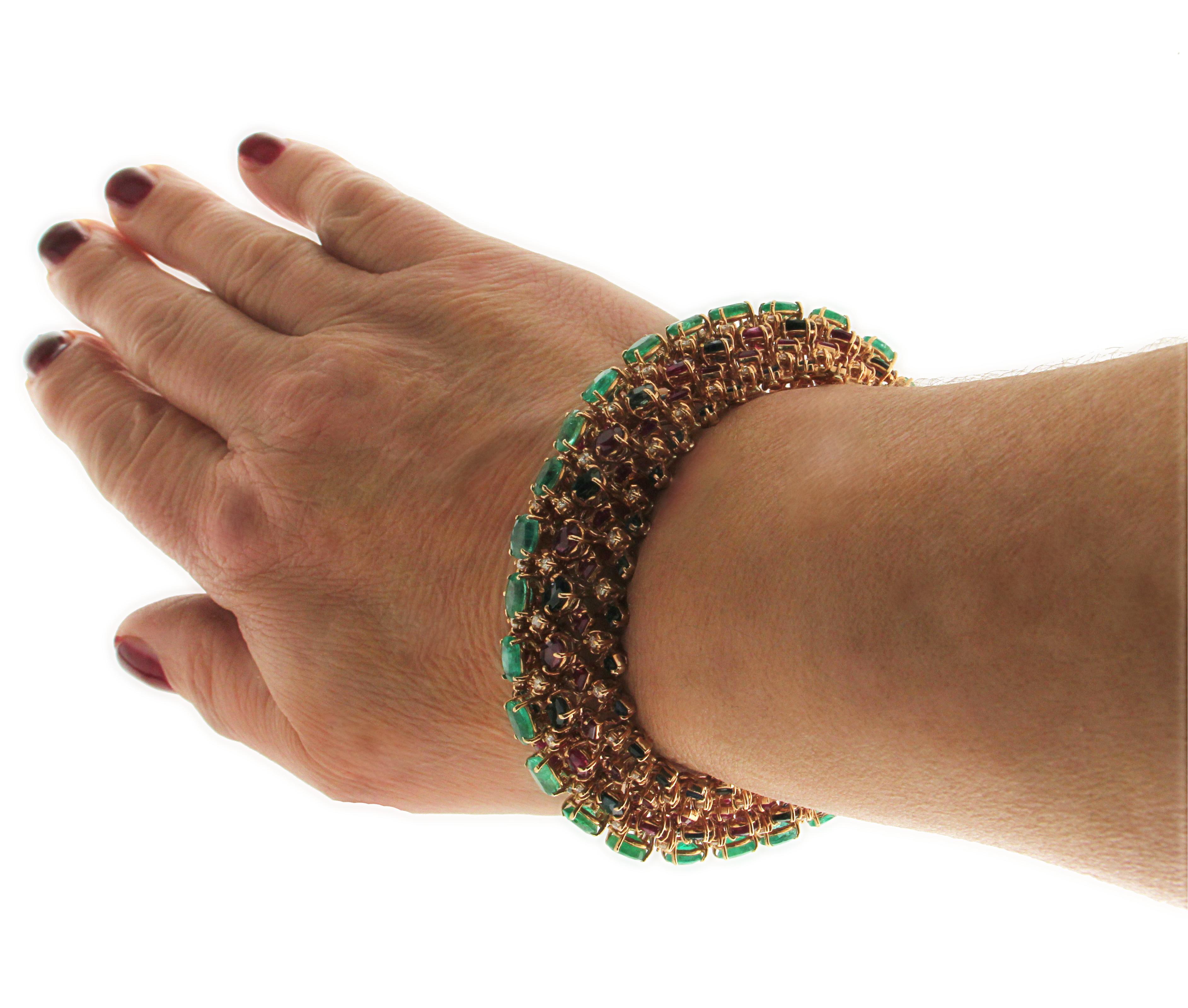 Handcraft Emerald 14 Karat Yellow Gold Diamonds Sapphires Ruby Cuff Bracelet For Sale 2