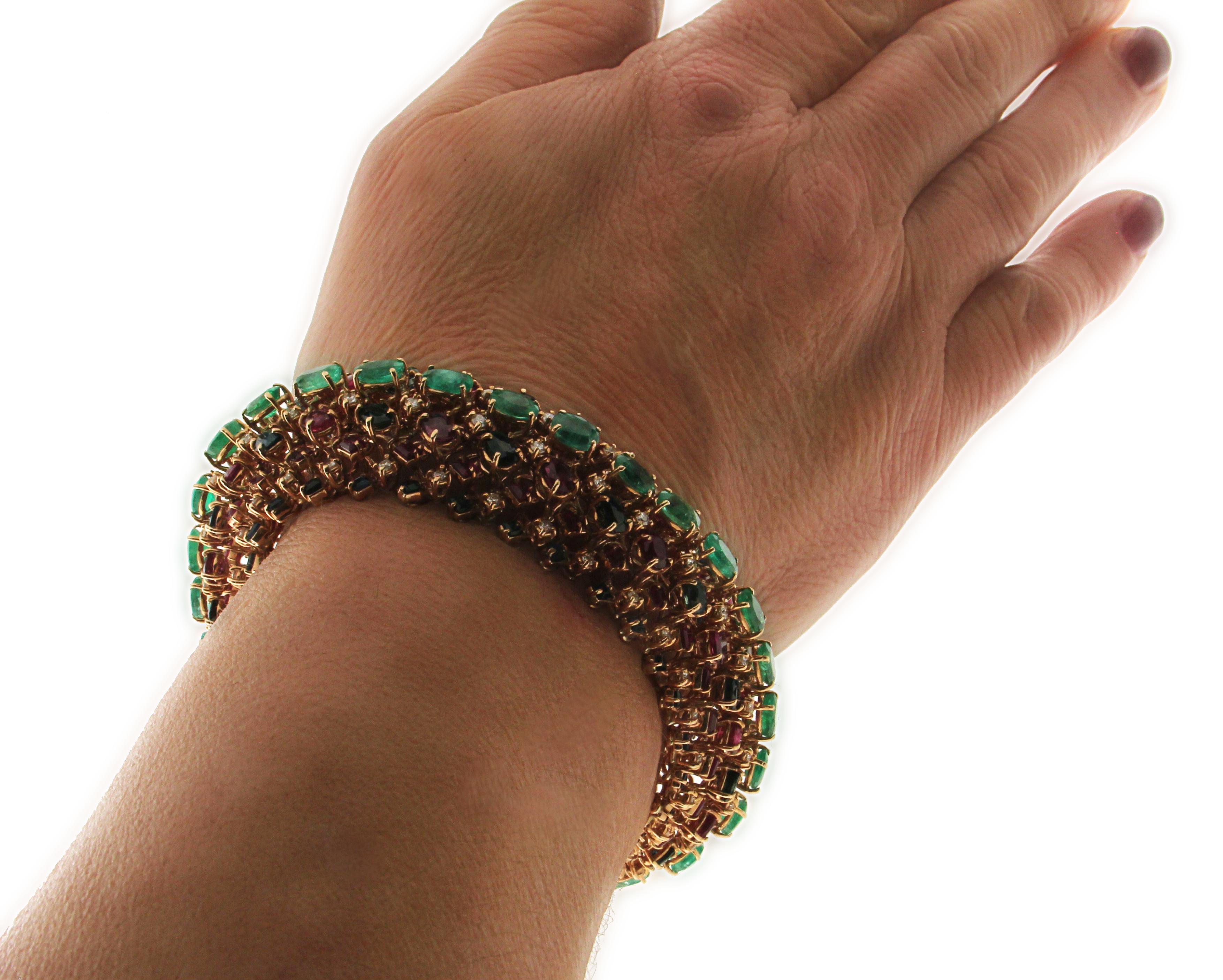 Handcraft Emerald 14 Karat Yellow Gold Diamonds Sapphires Ruby Cuff Bracelet For Sale 3