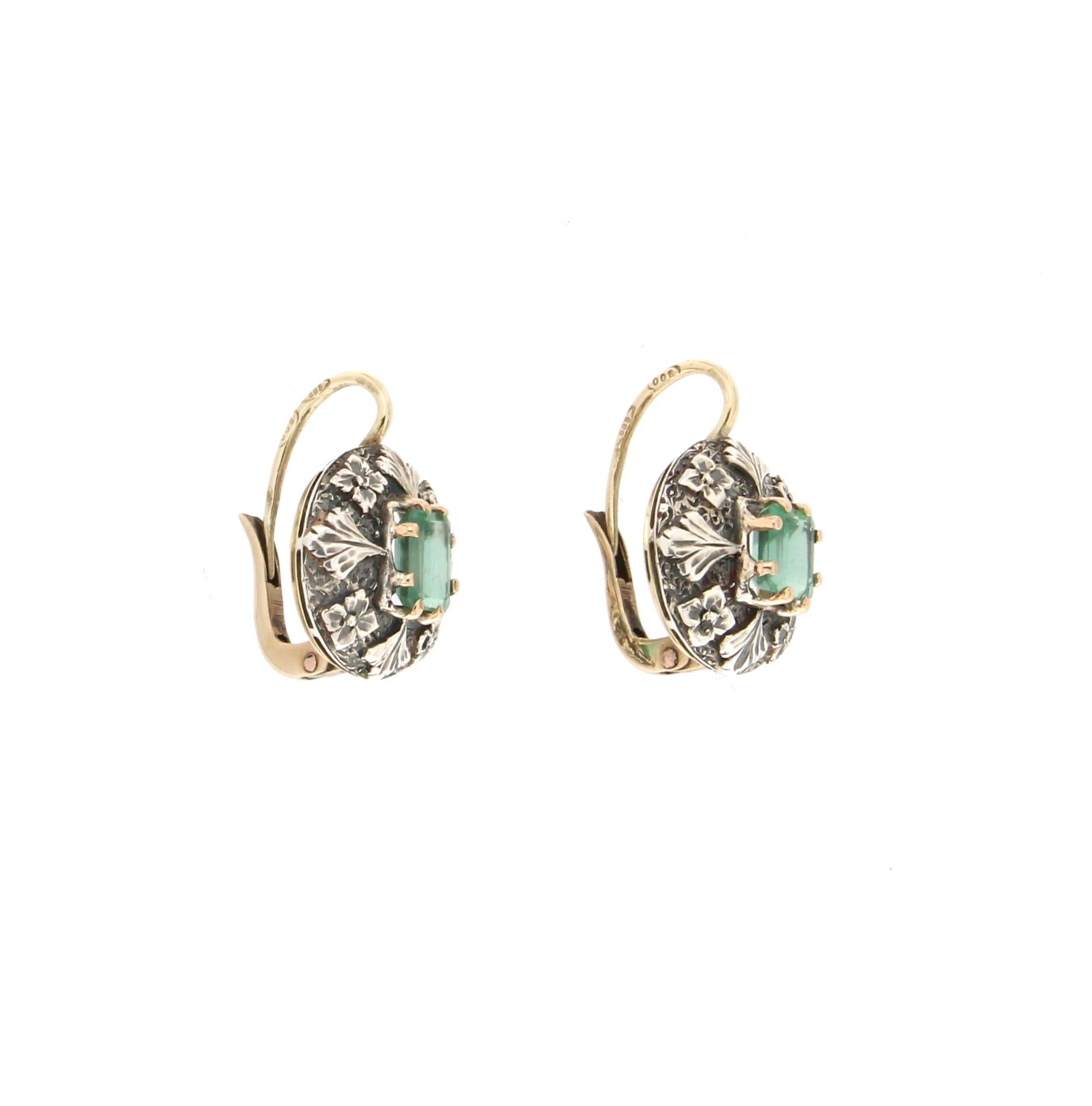 Emerald Cut Handcraft Emerald 14 Karat Yellow Gold Drop Earrings For Sale