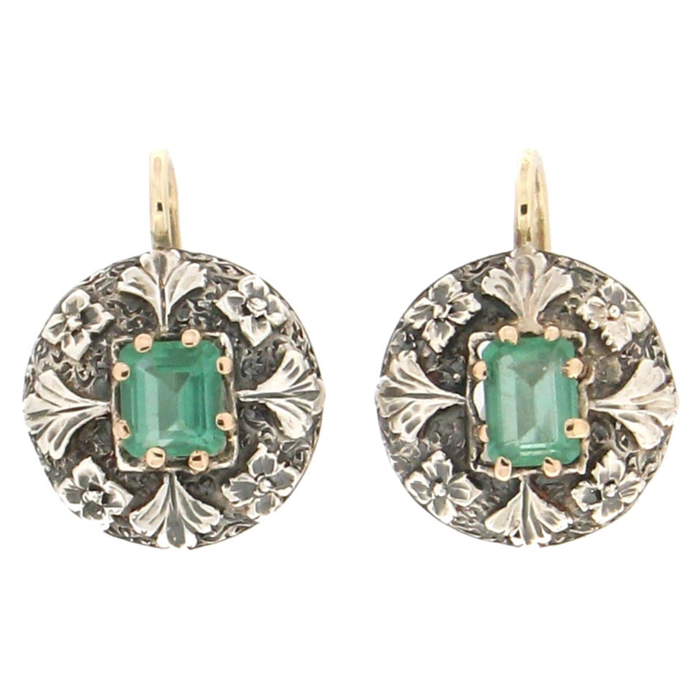 Handcraft Emerald 14 Karat Yellow Gold Drop Earrings For Sale