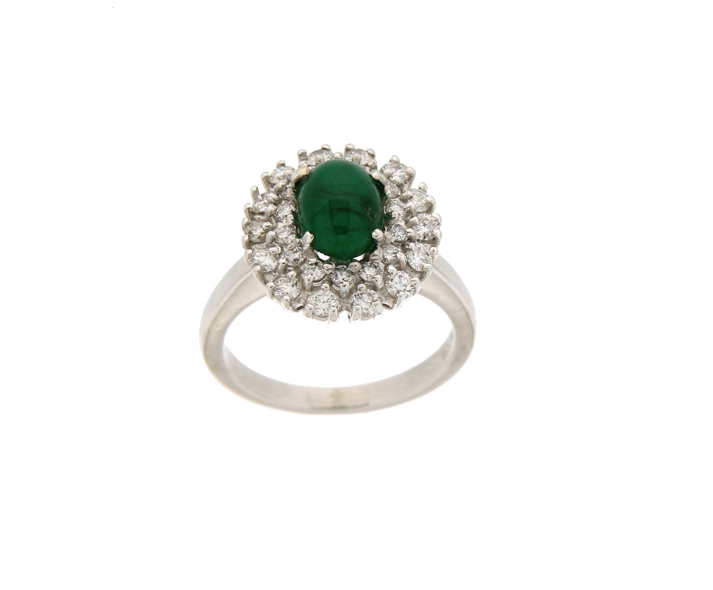 Artisan Handcraft Emerald 18 Karat White Gold Diamonds Cocktail Ring For Sale