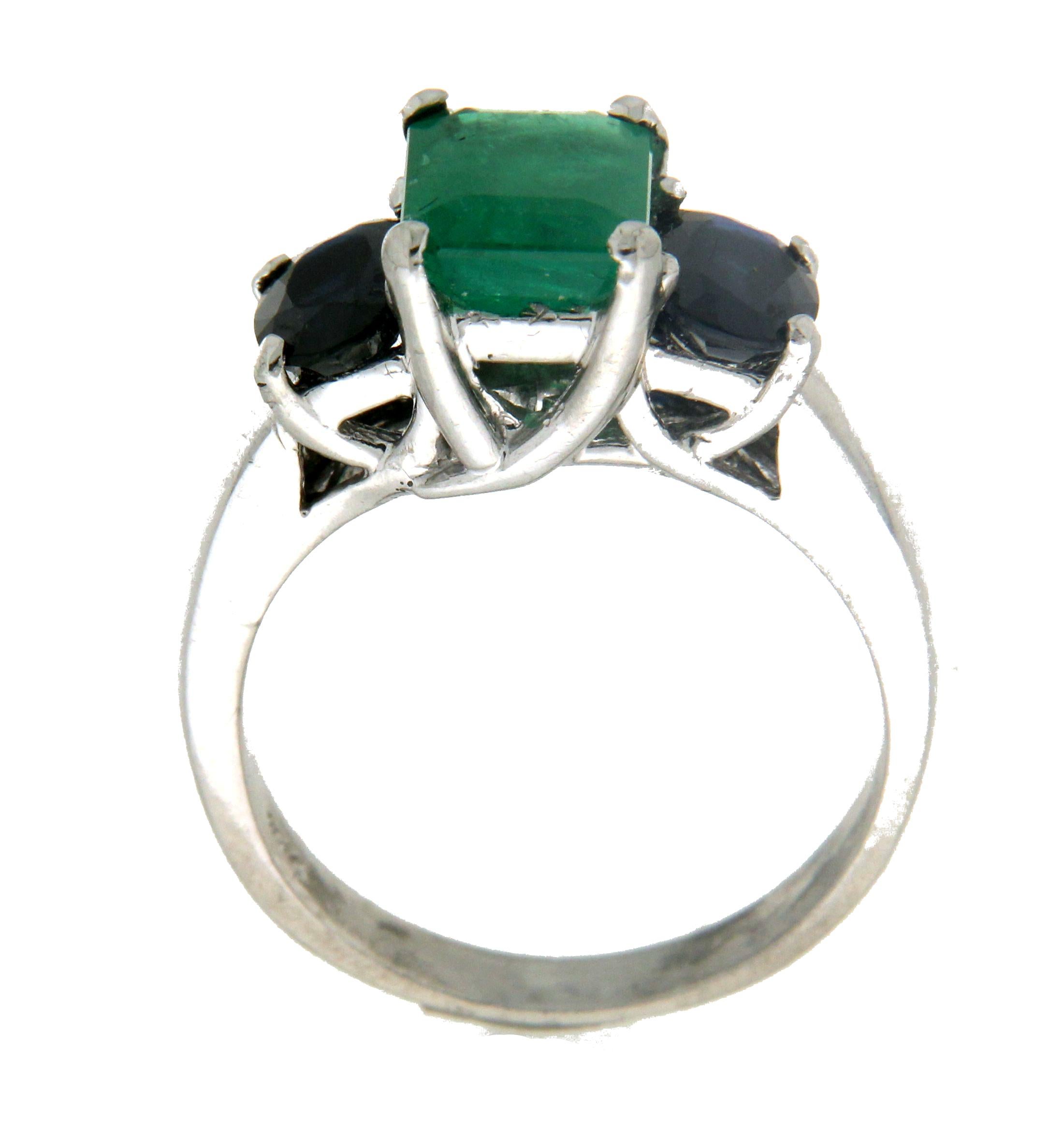 Emerald Cut Handcraft Emerald 18 Karat White Gold Sapphires Cocktail Ring For Sale