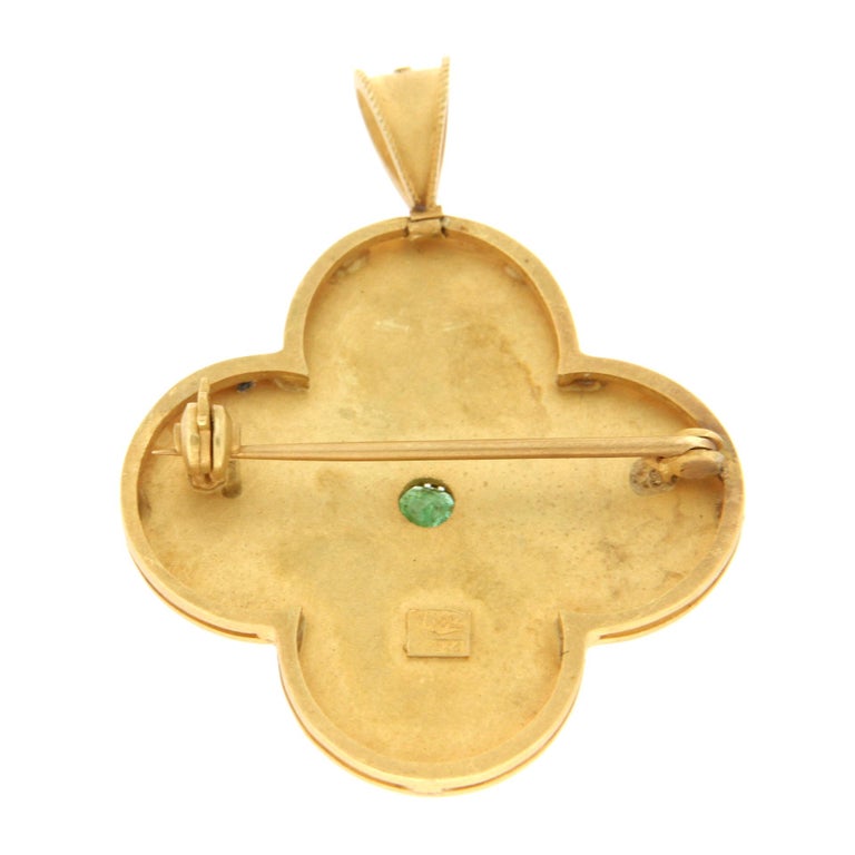 Women's or Men's Handcraft Emerald 18 Karat Yellow Gold Blue Enamel Brooch and Pendant For Sale