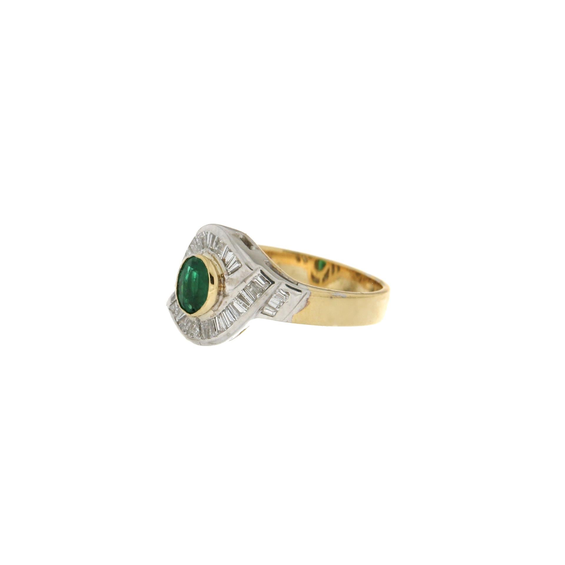 Baguette Cut Handcraft Emerald 18 Karat Yellow Gold Diamonds Cocktail Ring For Sale