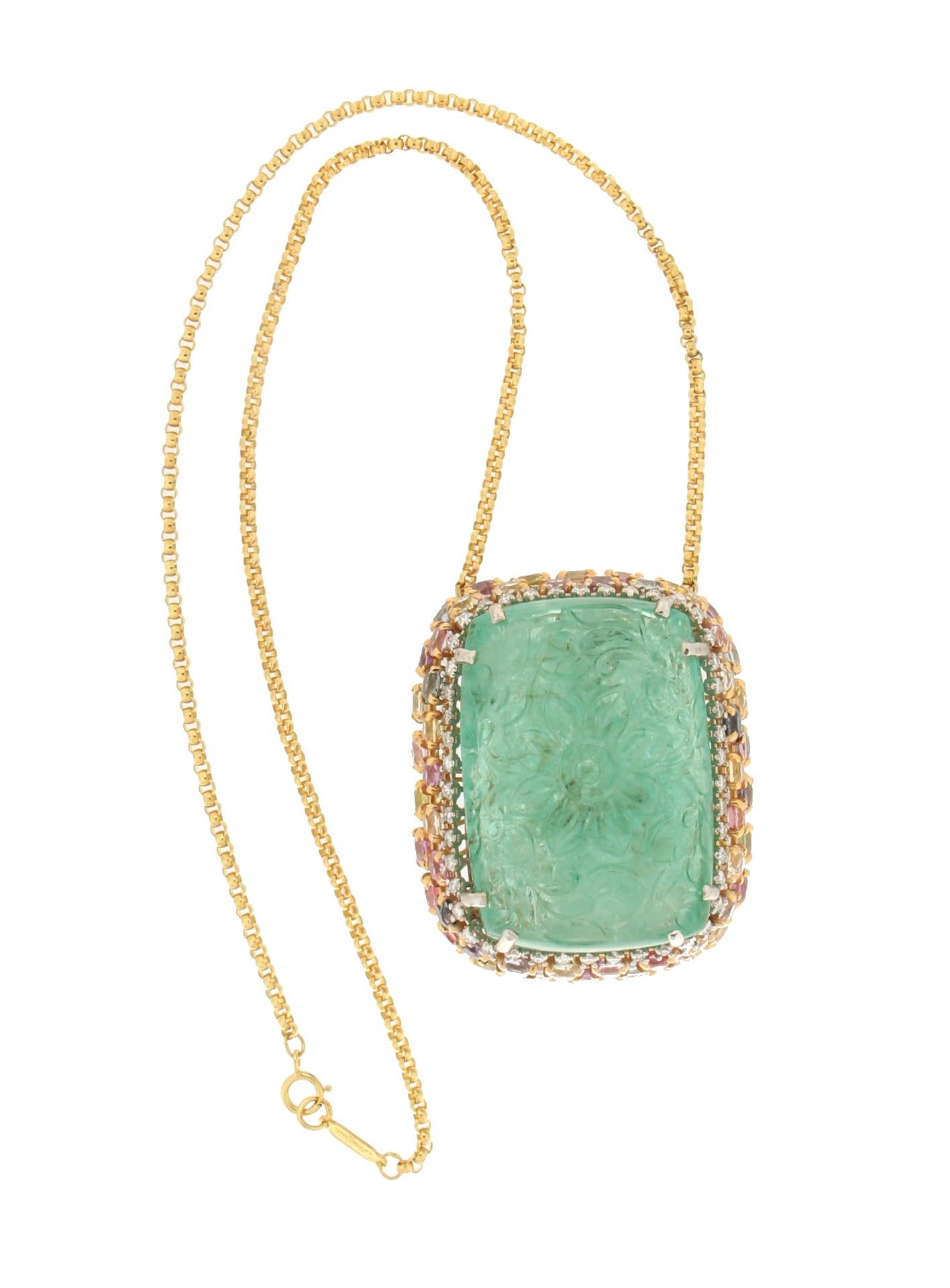 Artisan Handcraft Emerald 18 Karat Yellow Gold Diamonds Sapphires Pendant Necklace