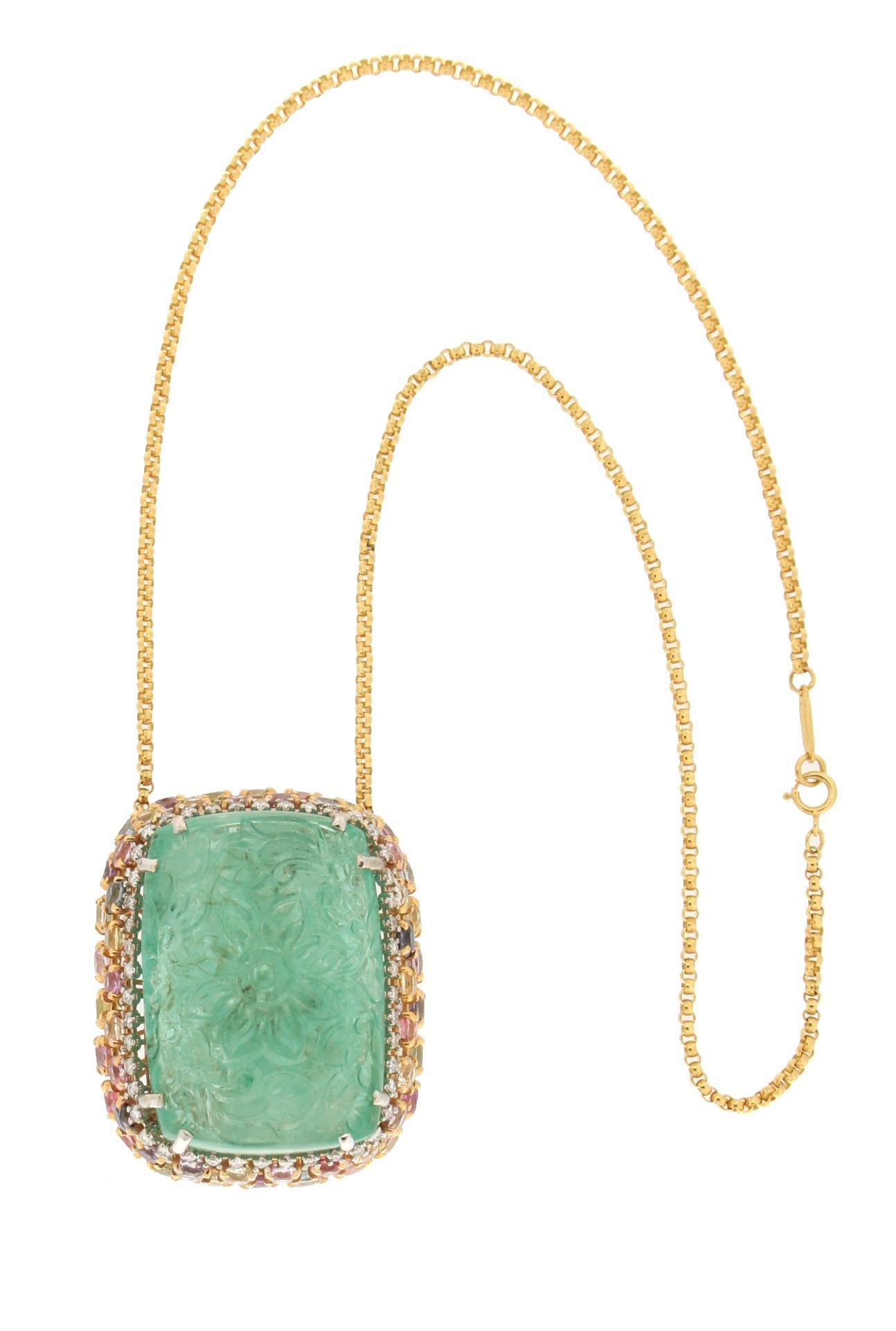Mixed Cut Handcraft Emerald 18 Karat Yellow Gold Diamonds Sapphires Pendant Necklace