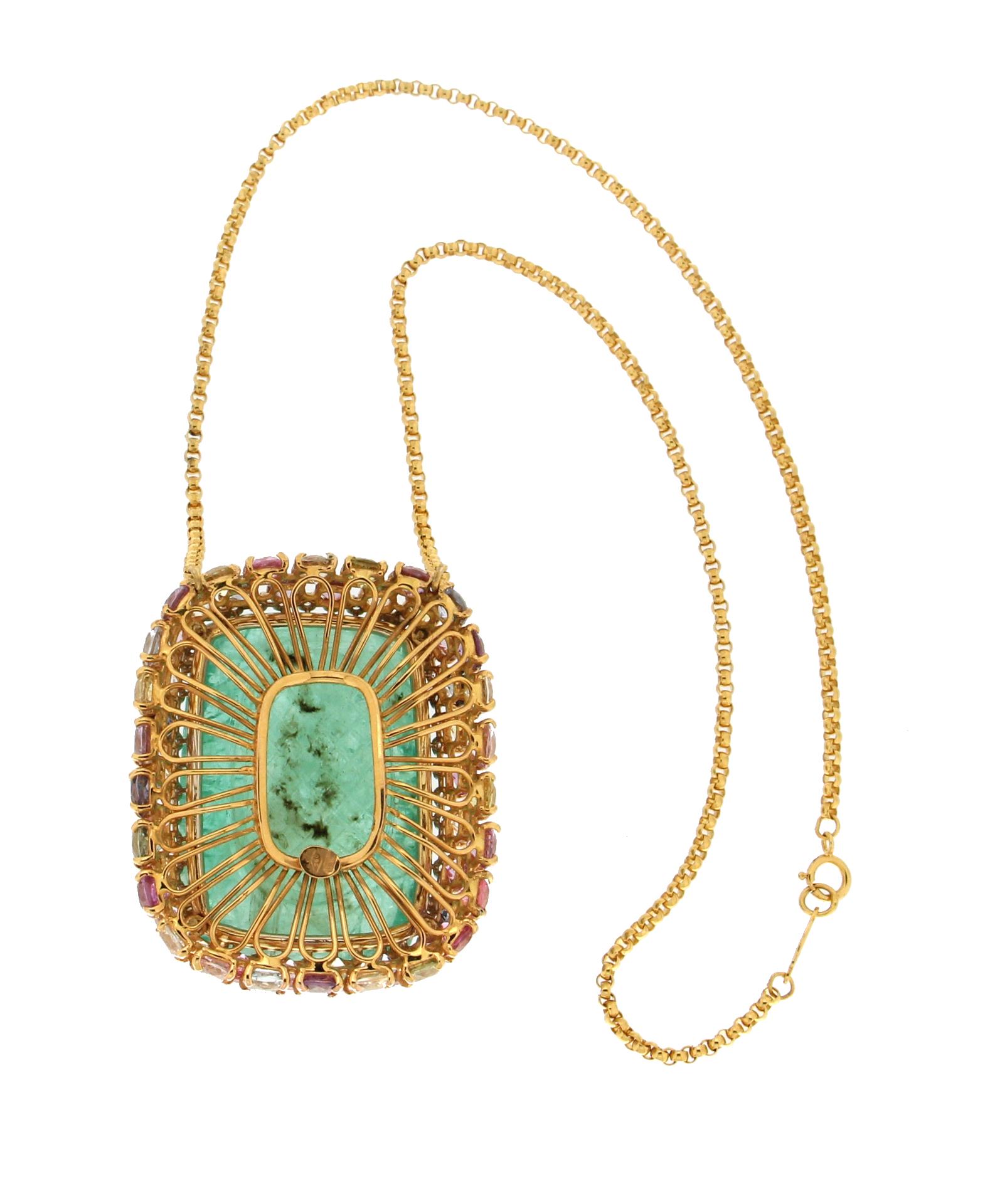 Women's or Men's Handcraft Emerald 18 Karat Yellow Gold Diamonds Sapphires Pendant Necklace